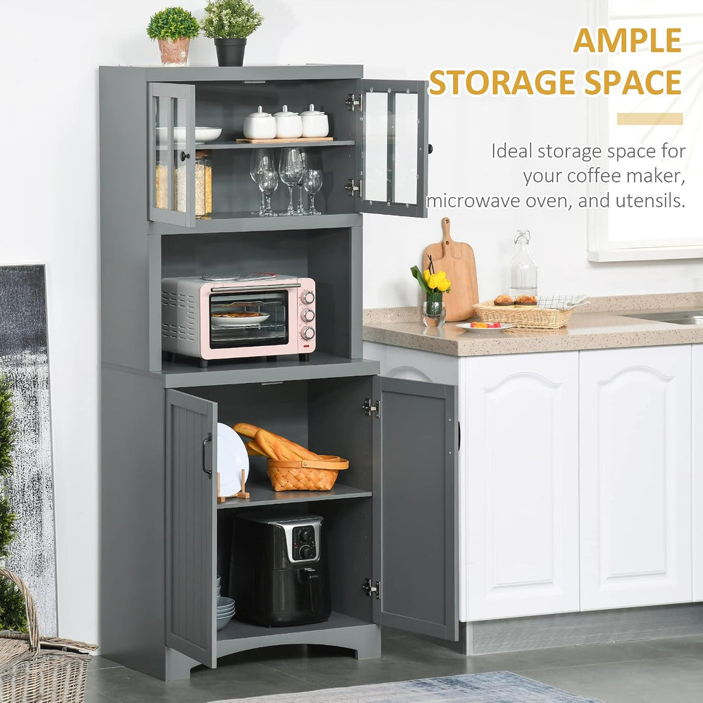 HOMCOM Kitchen Hutch, 70' Pantry Cabinet with Glass Framed Door, Storage Cabinet with Adjustable Shelves and Microwave Space for Dining Room, Gray