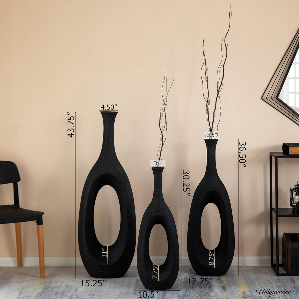 Set of 3 Frosted Black Fiberglass Tall Floor Vase - Decorative Vase for Modern Home Decor, Perfect for Living Room, Home Office, Bedroom, Kitchen, Coffee Bar, Farmhouse Decor, and Wedding Centerpieces