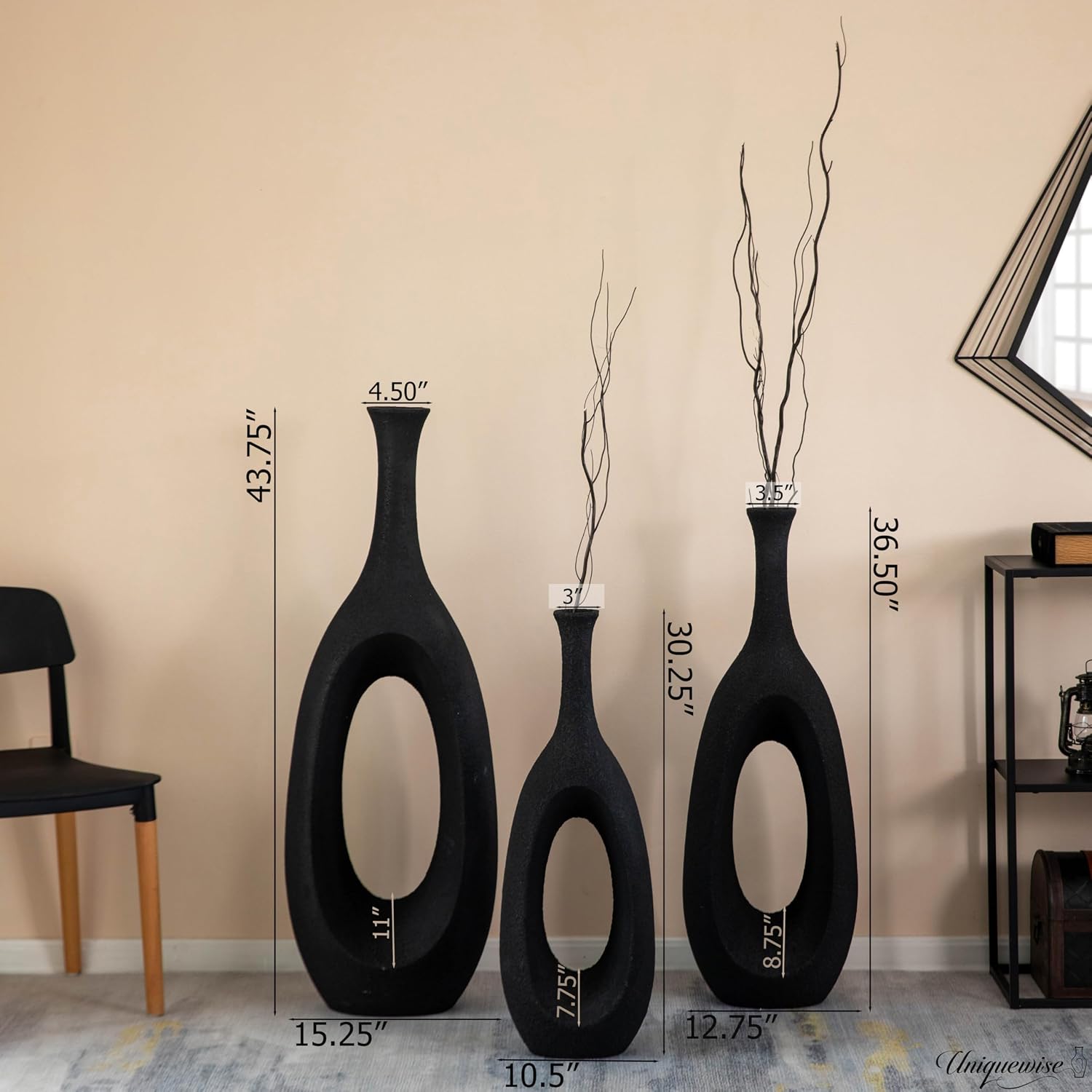 Set of 3 Frosted Black Fiberglass Tall Floor Vase - Decorative Vase for Modern Home Decor, Perfect for Living Room, Home Office, Bedroom, Kitchen, Coffee Bar, Farmhouse Decor, and Wedding Centerpieces