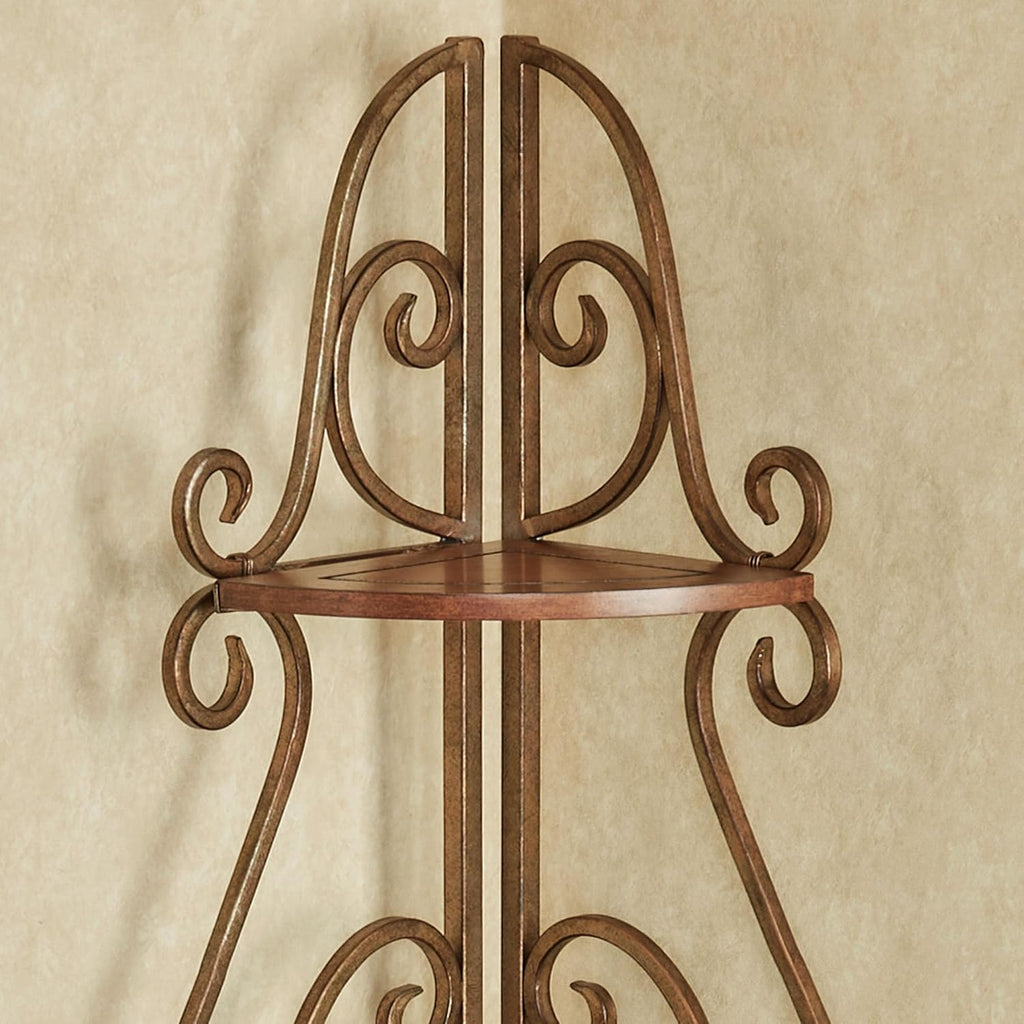 Touch of Class Meyda Scrolling Natural Cherry Wooden and Metal Corner Shelf Etagere
