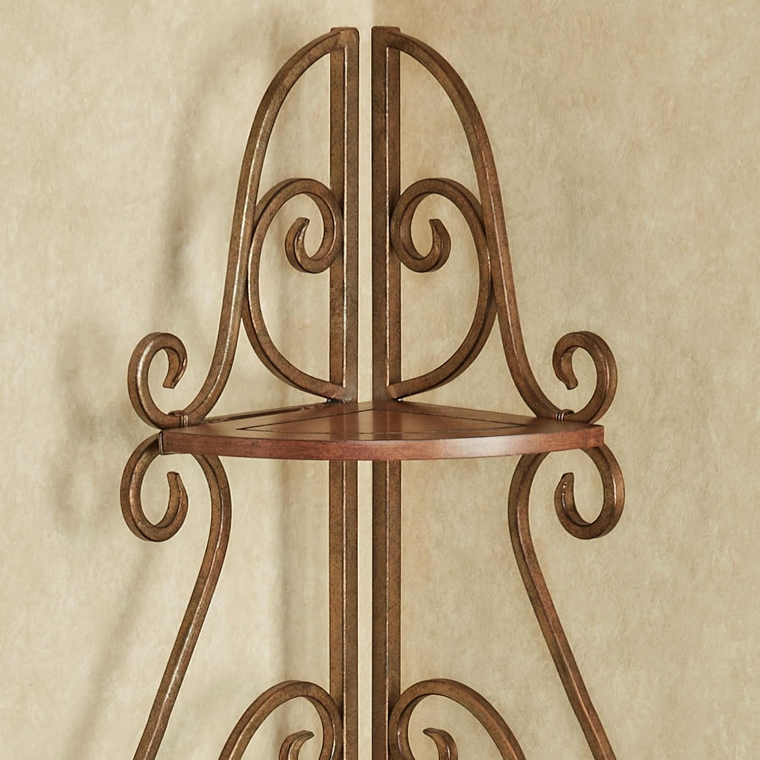 Touch of Class Meyda Scrolling Natural Cherry Wooden and Metal Corner Shelf Etagere