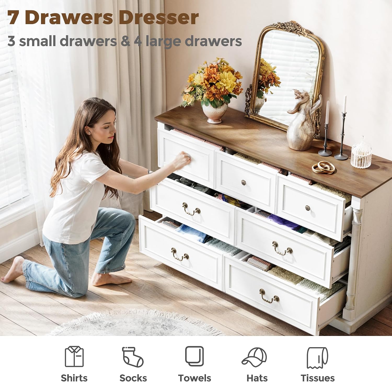 Pamapic Farmhouse Dresser with 7 Drawers, 52' Wide Rustic Chest of Drawers with Natural Texture & Retro Handles, White Vintage Storage Dresser TV Stand for Bedroom, Living Room, Antique White