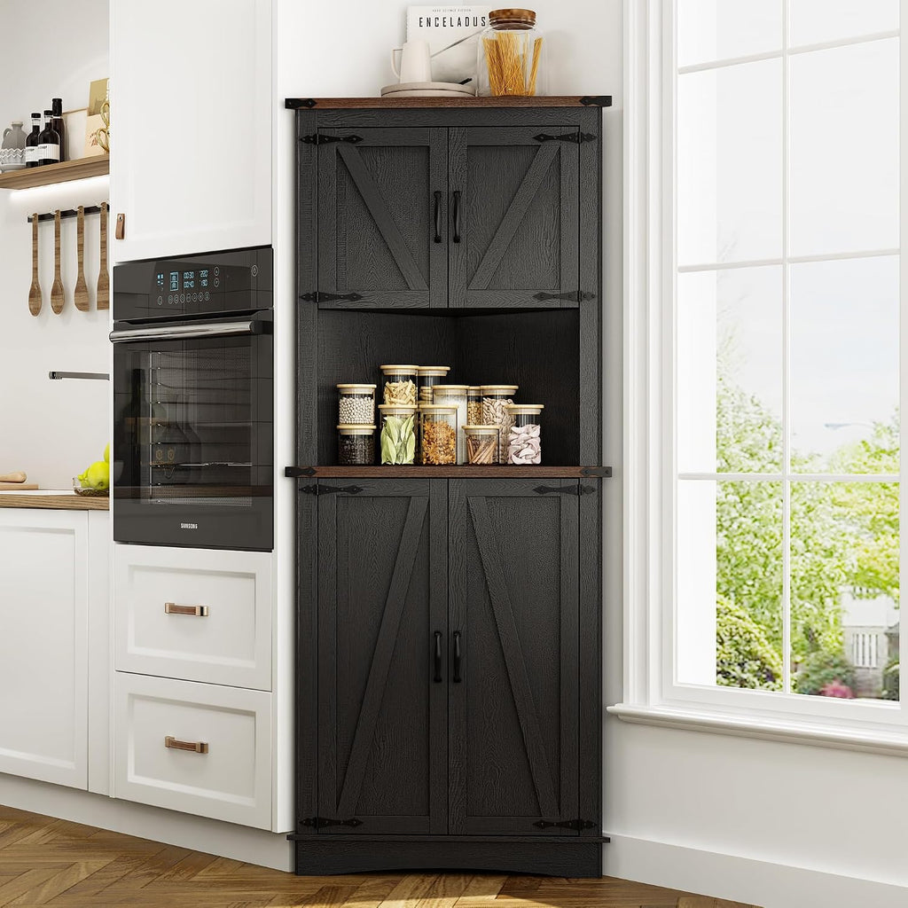chartustriable 68' Tall Farmhouse Corner Cabinet, 28.3' Corner Storage Cabinet with 4 Doors and Adjustable Shelves, Tall Barn Door Cabinets with 5 Storage Shelves, for Kitchen, Bathroom, Black