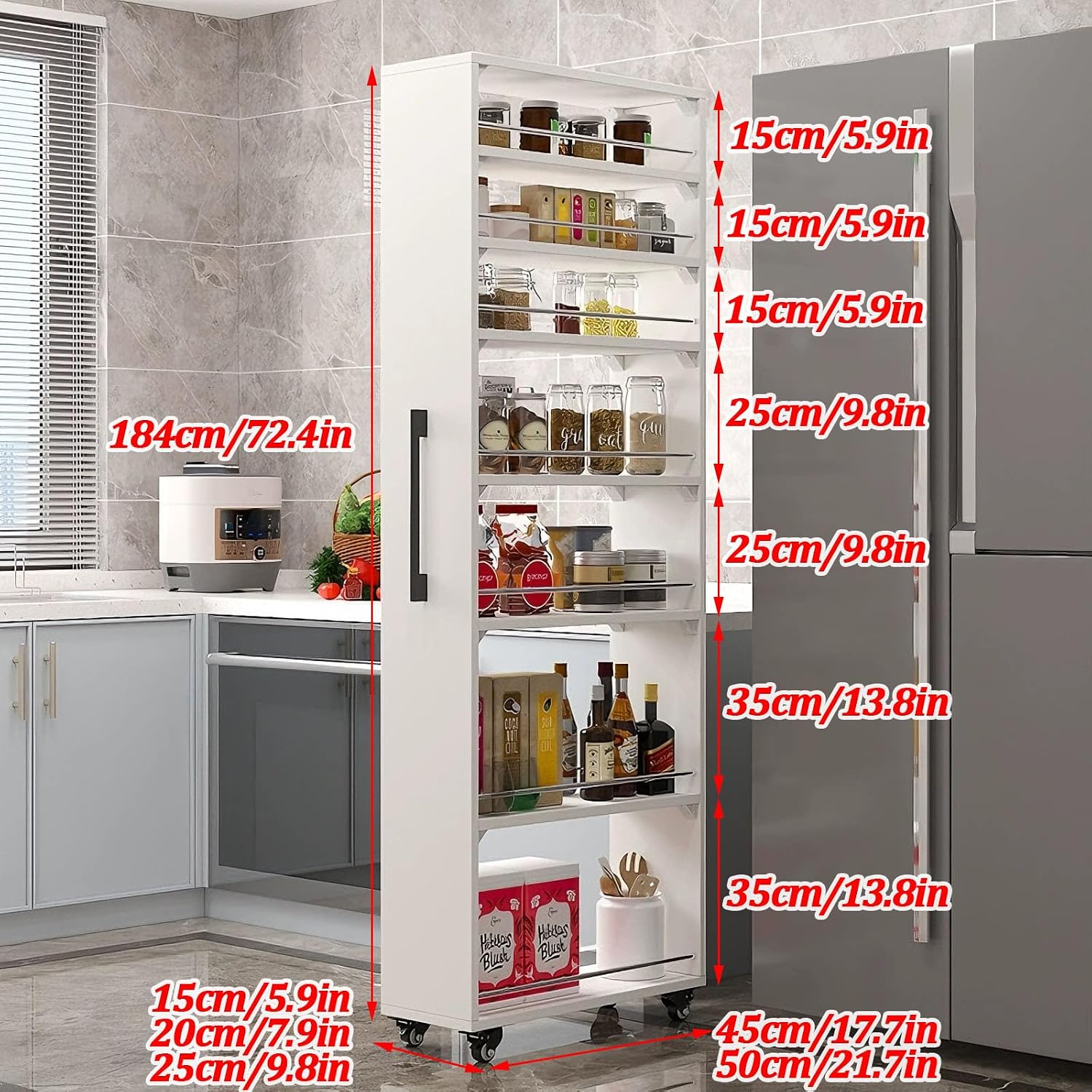 7 Tier Slim Storage Cart,Rolling Spice Rack Next to Fridge Slim,Kitchen Rolling Cart,Narrow Storage Cabinet, Wood Storage Organizer,for Kitchen,Bakers,Black,W9.8×D17.7×H72.4