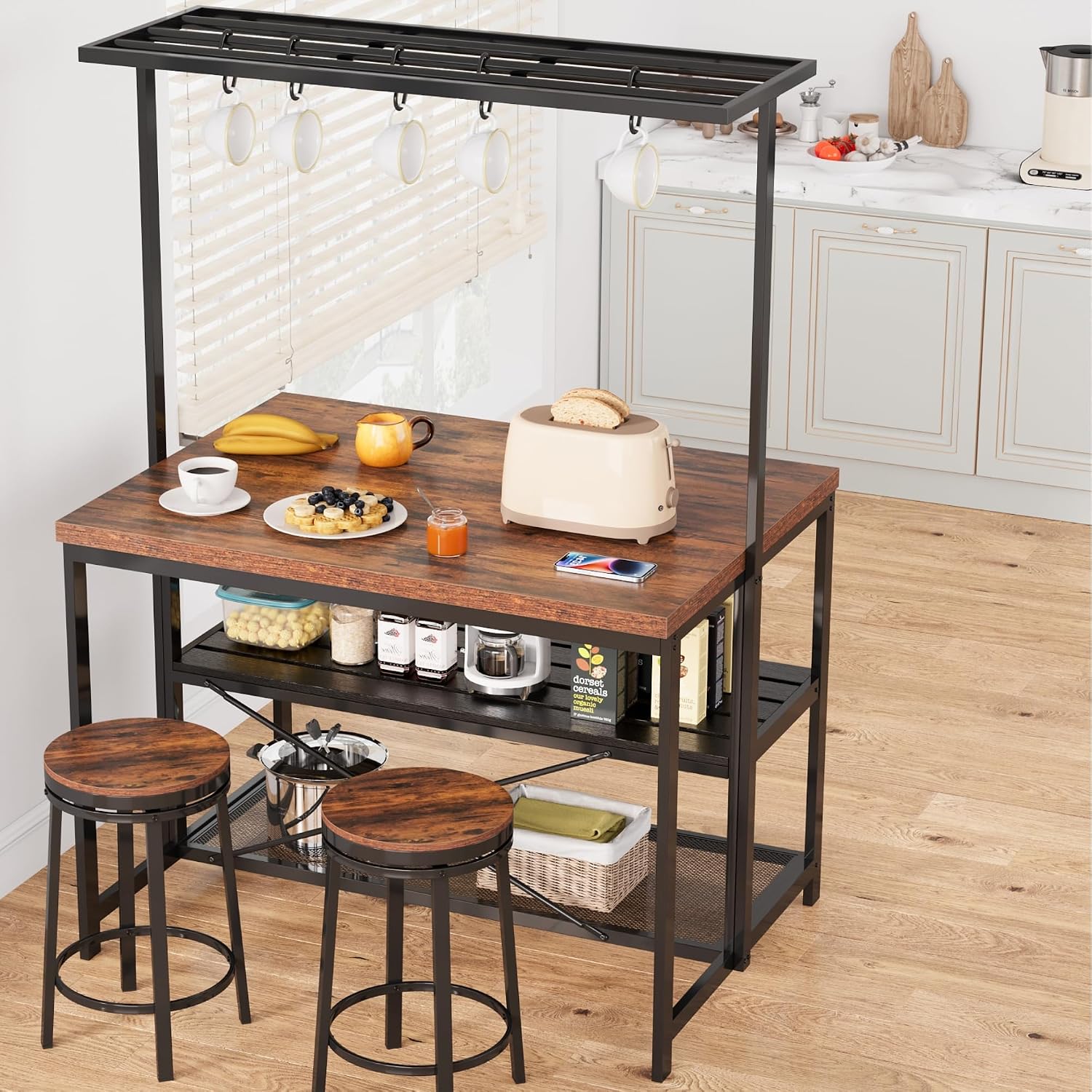 CABIHOME 42' Kitchen Island with Storage & Seating - 3-Tier Bakers Rack, Microwave Stand, Dining Table for 4, 5 Hooks & 50lb Capacity, Multi-Functional Island for Small Kitchens (Brown)