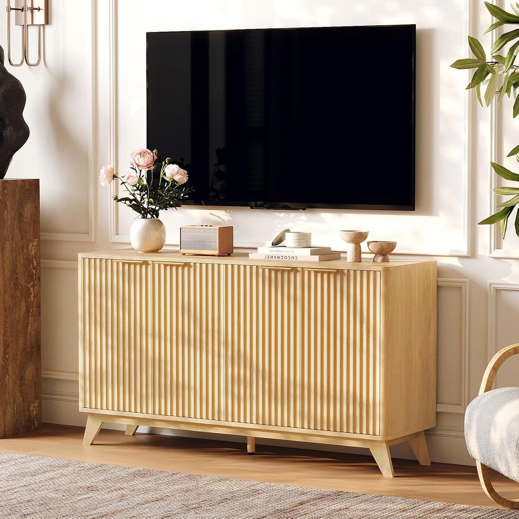 VINGLI 55' Buffet Cabinet with Storage, Fluted 4 Doors Sideboard Cabinet with Adjustable Shelves, Modern Storage Cabinet with Doors for Kitchen, Dining Room & Living Room, Natural Oak
