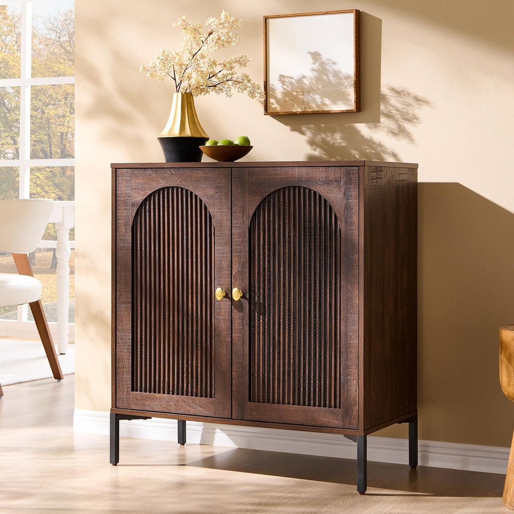 IFGET Modern Buffet Cabinet with Storage, 34' Tall Fluted Arched Sideboard Cabinet w/Adjustable Shelves, Wooden Modular Coffee Bar for Dining Room, Kitchen, Living Room, Entryway, Brown
