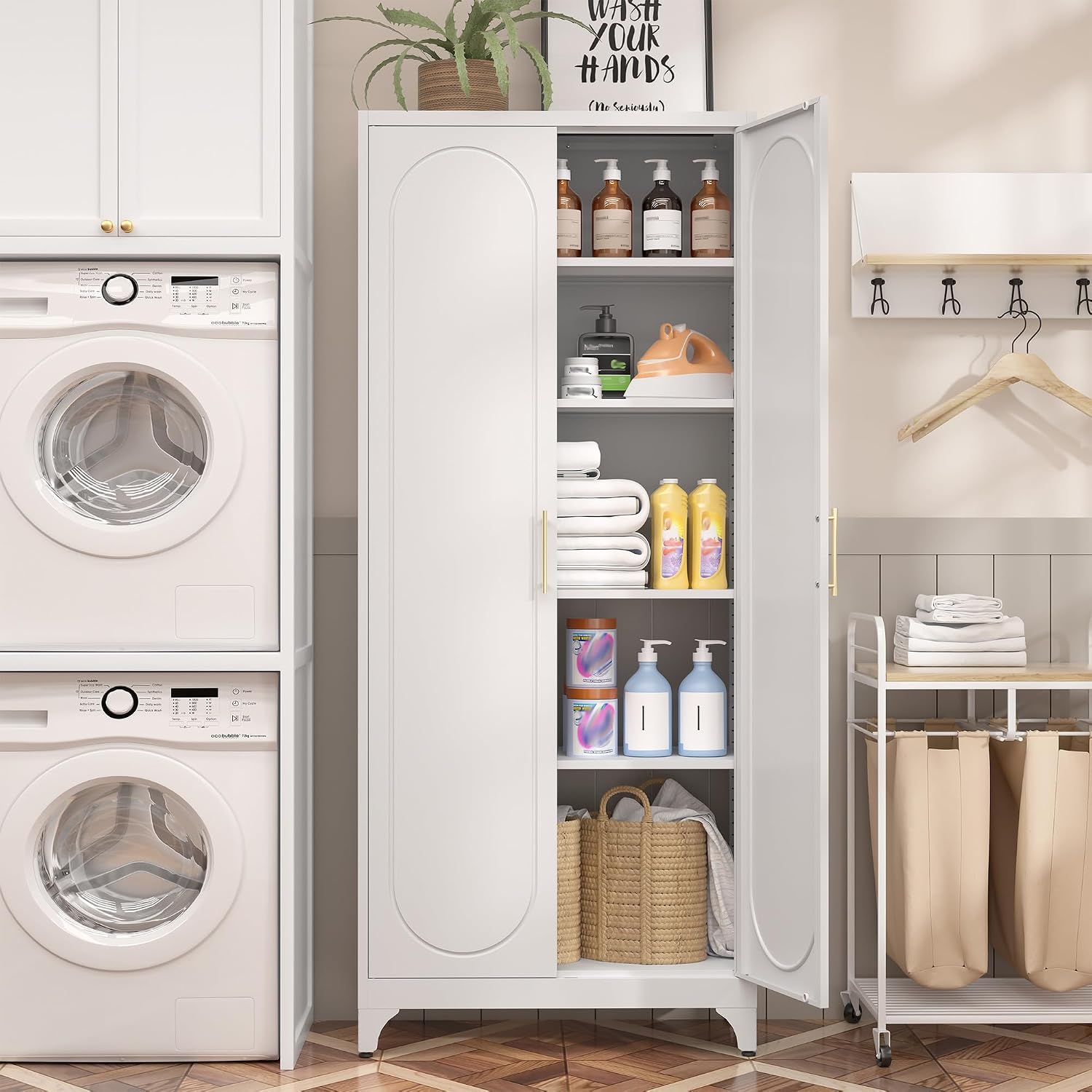 SteeLoong Kitchen Pantry Cabinet,75 Inch White Metal Storage Cabinet with Door and Adjustable, Tall Pantry Cabinets for Kitchen Storage,Cupboard for Living Room,Dining Room and Bathroom