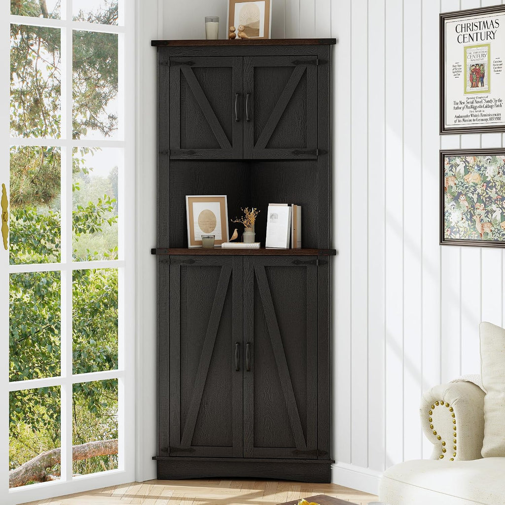chartustriable 68' Tall Farmhouse Corner Cabinet, 28.3' Corner Storage Cabinet with 4 Doors and Adjustable Shelves, Tall Barn Door Cabinets with 5 Storage Shelves, for Kitchen, Bathroom, Black