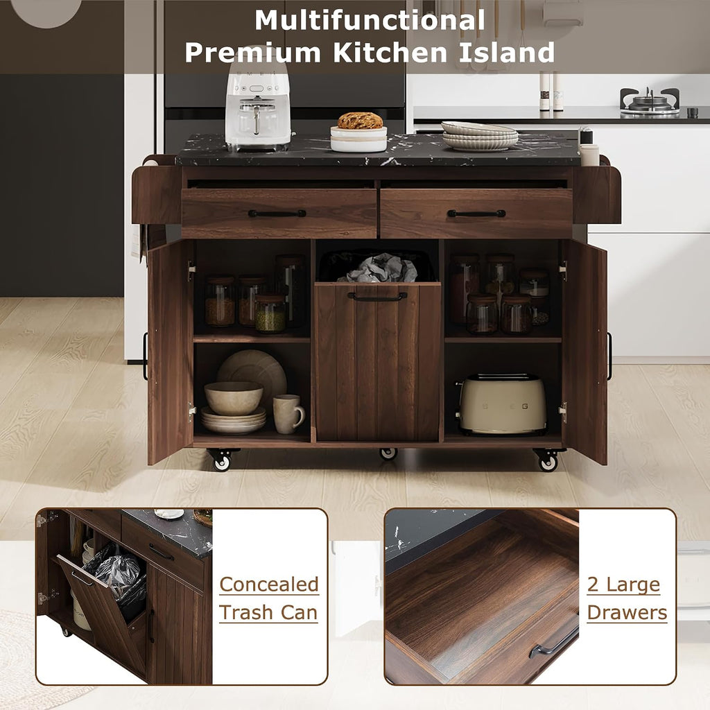 Rolling Kitchen Island Carton Wheels with Trash Can Storage Cabinet, Drop Leaf, Spice Rack, Towel Rack, Drawer, Adjustable Shelf for Dining Room Kitchens Walnut Brown
