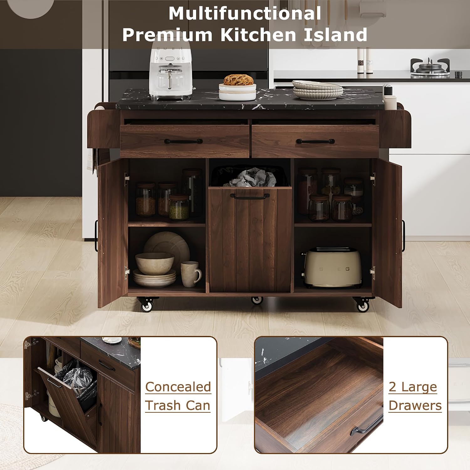 Kitchen Island with Trash Can Storage Cabinet, Kitchen Cart with Drop Leaf, Spice Rack, Towel Rack and Drawer, Rolling Kitchen Island on Wheels with Adjustable Shelf, Walnut Brown