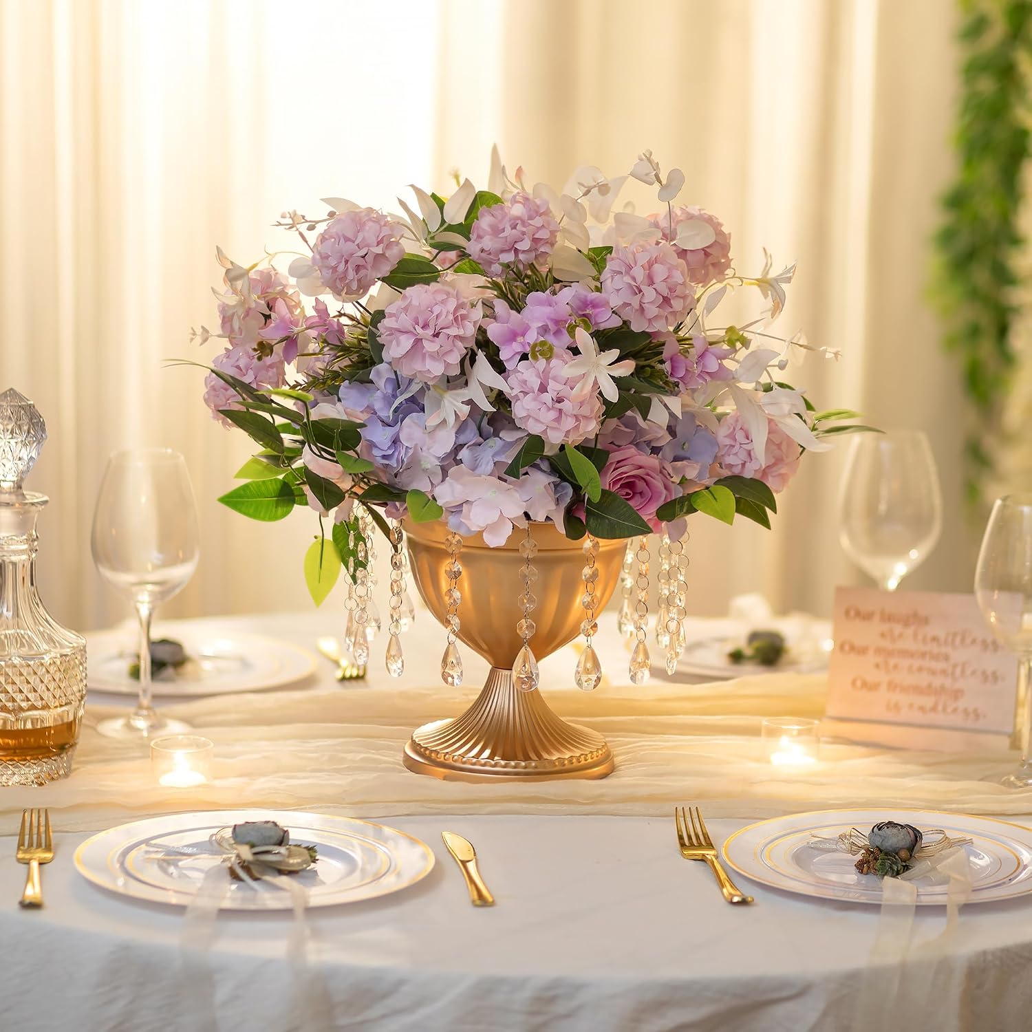 Sziqiqi Gold Urn Vase for Wedding: 8.6in Large Compote Vases Centrepieces with Crystal Beads for Table Decorations - Set of 10 Metal Urn Vases for Flower Arrangement Bowl Vase for Party Anniversary