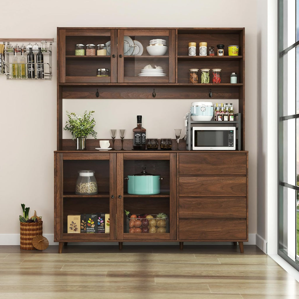 Ball & Cast 63' Large Kitchen Hutch Cabinet with Multi-Layer Shelves and 4 Doors & Drawers,Freestanding Pantry Storage Cupboard with Microwave Shelf,for Kitchen,Apartment,Livingroom,Walnut
