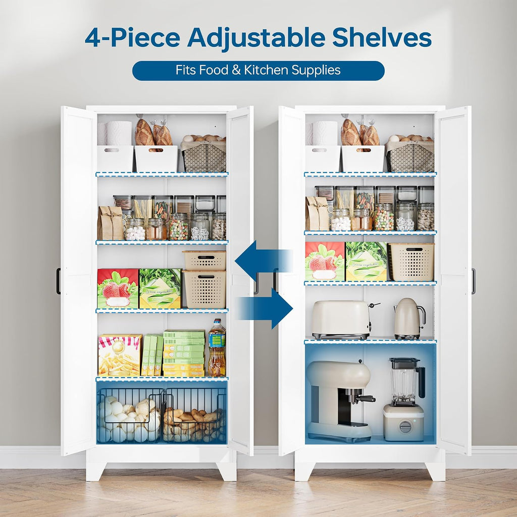 PEUKC 75' Farmhouse Metal Storage Cabinet with Doors and 4 Adjustable Shelves, Large Pantry Organizer for Kitchen, Dining Room, and Living Room,Assemble Require(White)