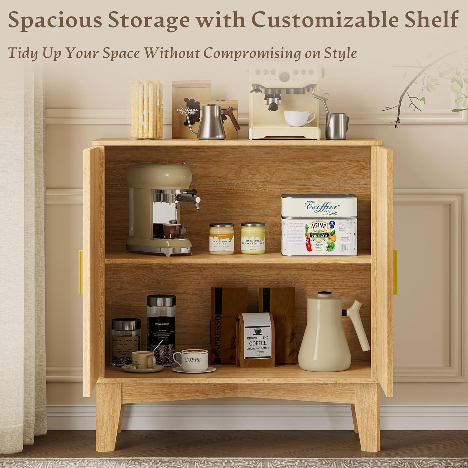 BORNOON Storage Cabinet with Doors and Adjustable Shelf, Modern Fluted Sideboard Buffet Cabinet, Freestanding Coffee Bar for Kitchen, Pantry, Entryway, Living Room (Natural Oak)
