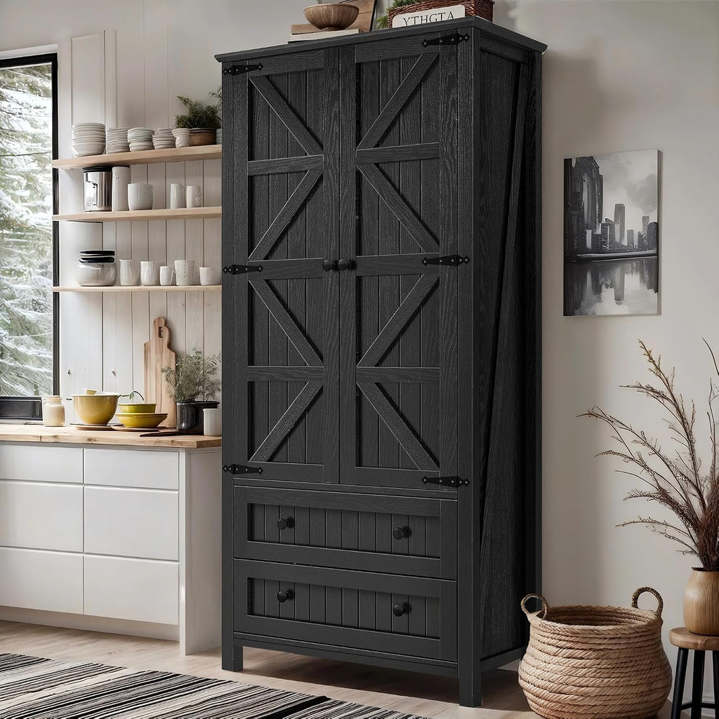 DWVO Farmhouse Kitchen Pantry Cabinet, 64.5' Tall Storage Cabinet with 2 Drawers and Adjustable Shelves, Versatile Storage for Living Room, Dining Room or Hallway, Oak Black