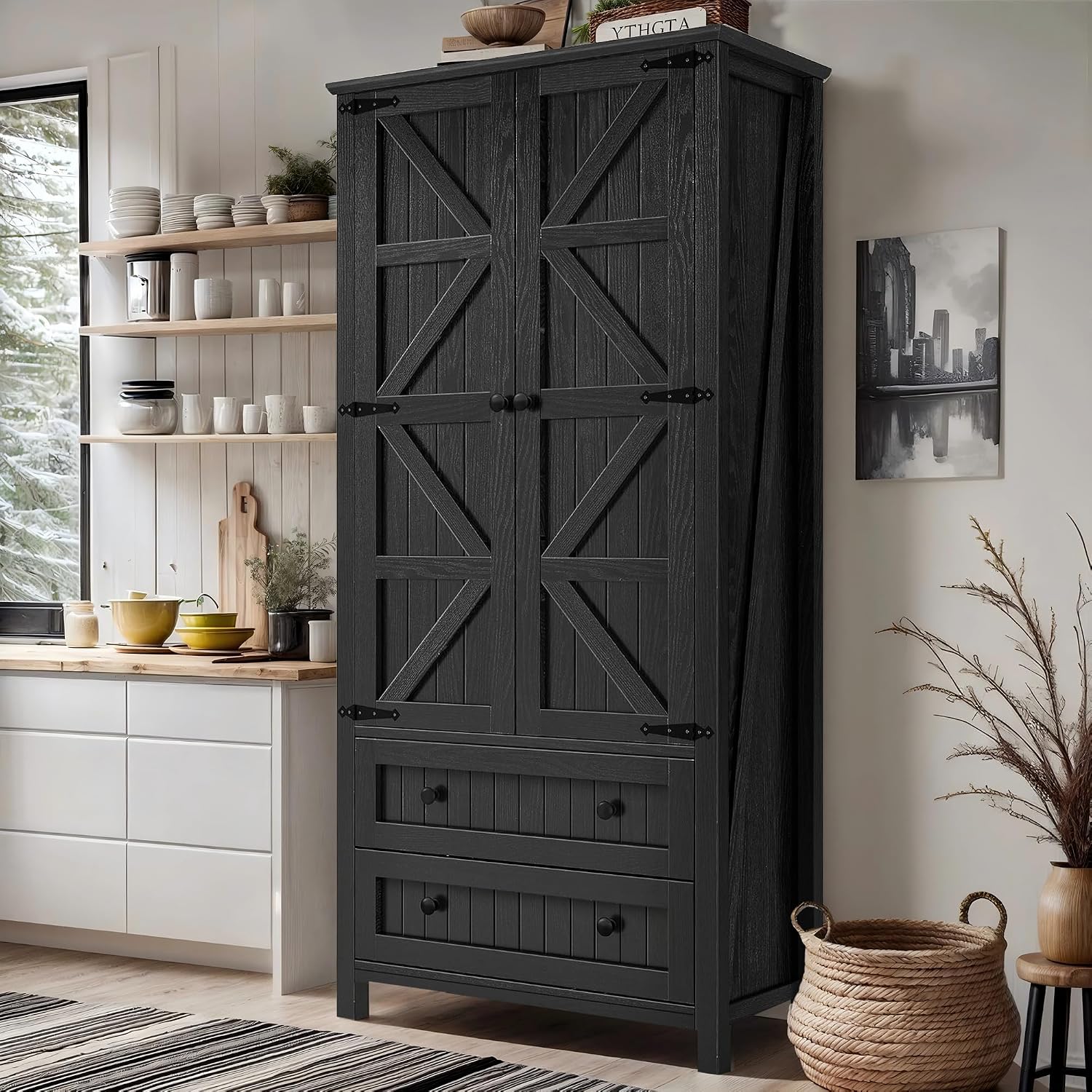 DWVO Farmhouse Kitchen Pantry Cabinet, 64.5' Tall Storage Cabinet with 2 Drawers and Adjustable Shelves, Versatile Storage for Living Room, Dining Room or Hallway, Oak Black