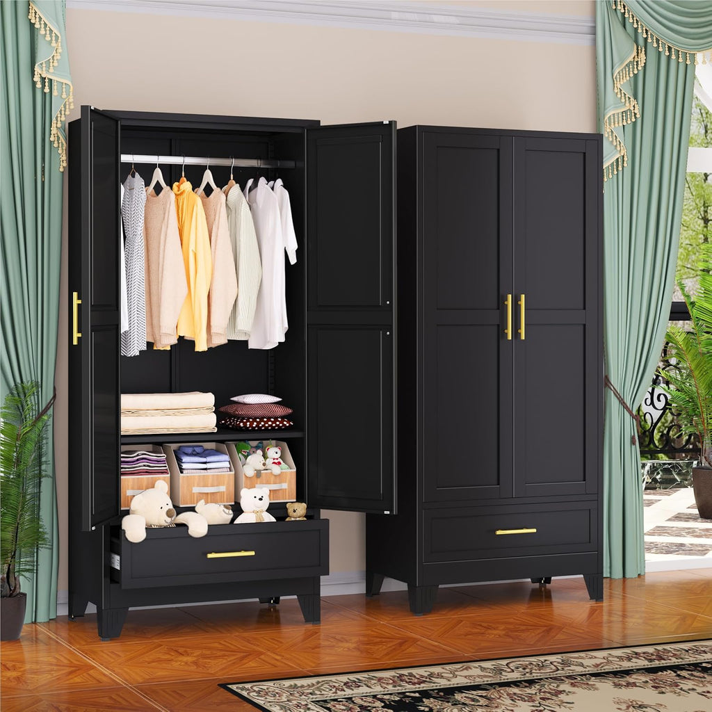 GAIOUS Steel Armoire Wardrobe Closet, 71' Household Wardrobe Cabinet with 2 Doors, 1 Adjustable Shelf and 1 Drawers, Metal Clothing Storage Cabinet with Hanging Rod for Bedroom, Cloak Room,Gym(Black)