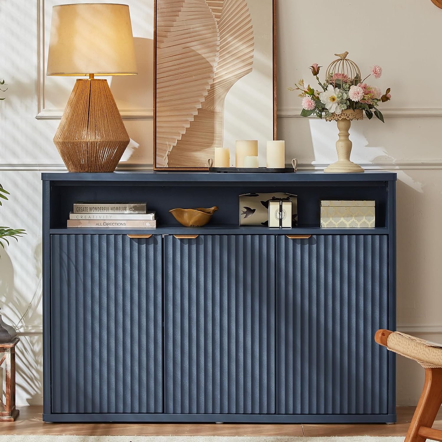 LEYAOYAO Fluted Buffet Cabinet with Storage, 45' Wide Wood Sideboard Credenza with 3 Doors & Open Storage Shelf, Modern Kitchen Console Accent Cabinets, Coffee Bar Table for Dining Room, Dark Blue