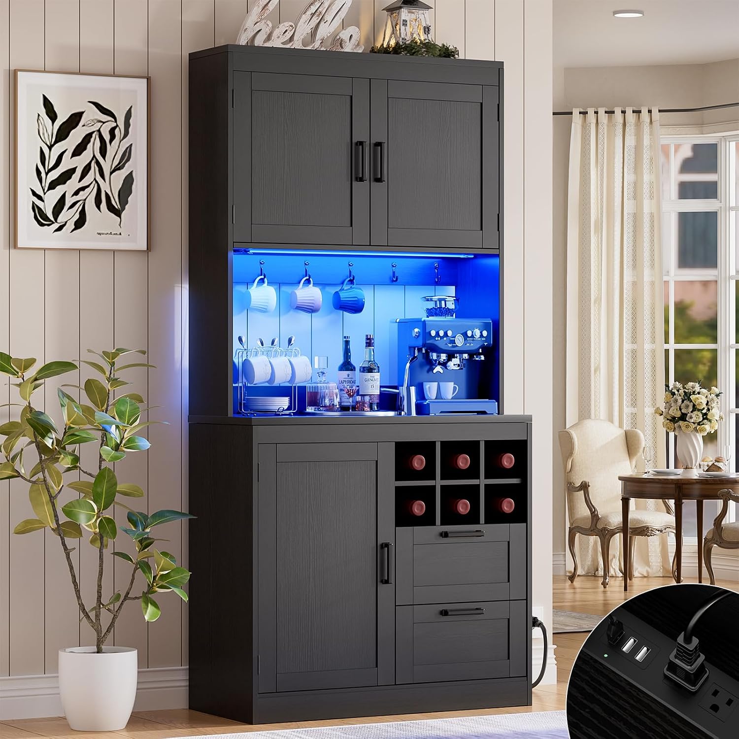 Unikito 72' Tall Pantry Cabinet, Kitchen Pantry Storage Cabinet with LED Light & Outlet, Kitchen Hutch Bar Cabinet with Microwave Stand, Wine Rack, Drawers and Shelves, Cupboard for Dining Room, Black