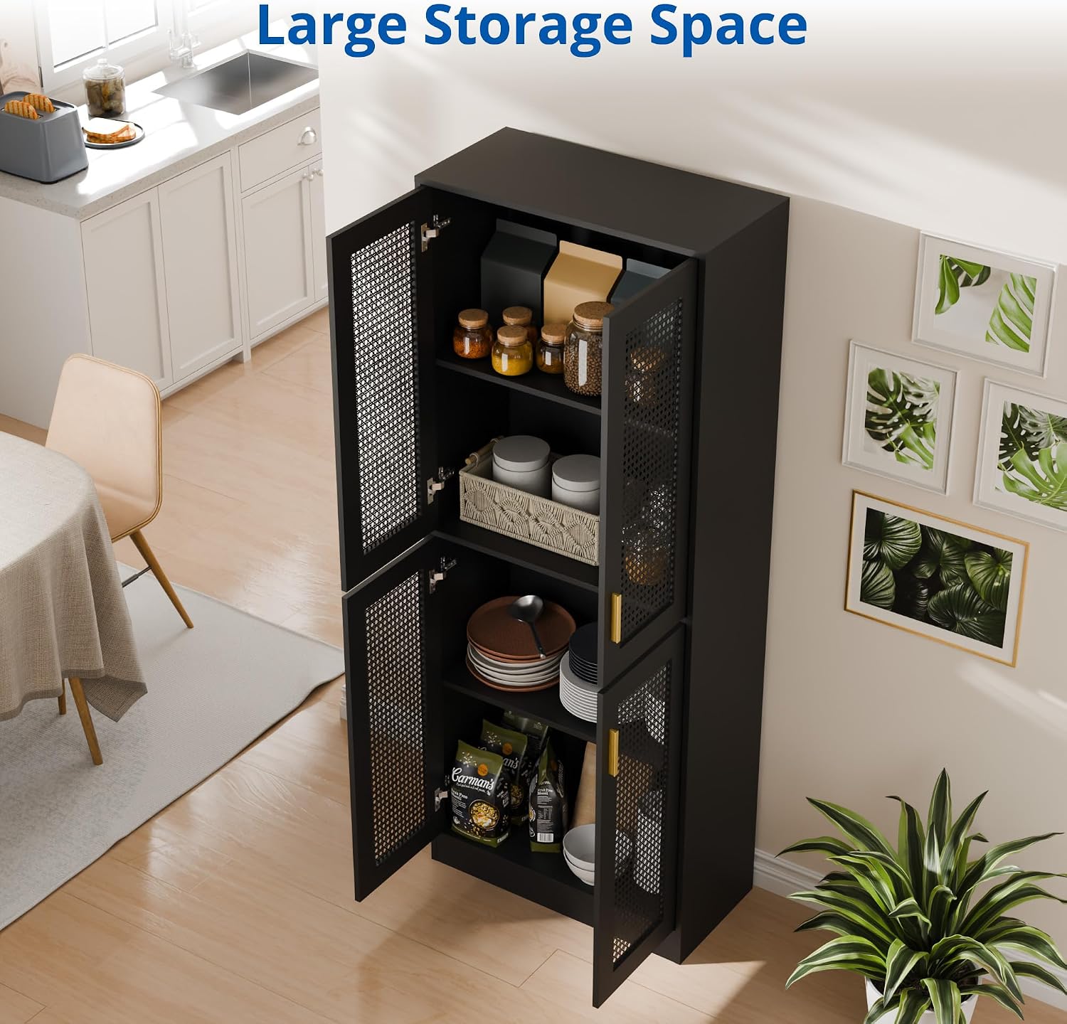 Cozy Castle Kitchen Pantry Cabinet, 71' Tall Rattan Doors Storage Cabinet and Adjustable Shelves, Modern Farmhouse Wood Cupboard Utility Hutch for Kitchen, Dining Room, Living Room (Black)