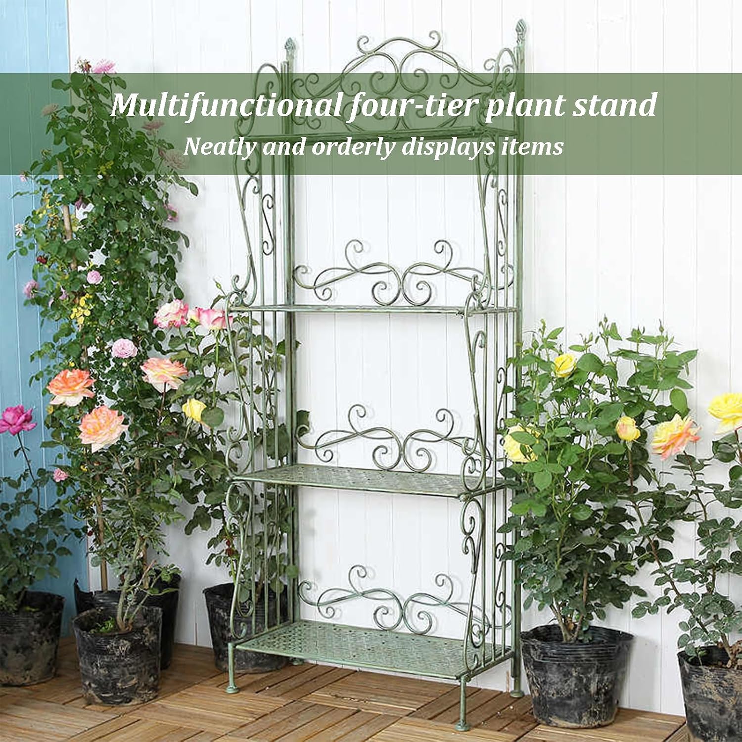 Metal Garden Trellis, Indoor Outdoor Planter Display, Heavy Duty Iron Plant Trellis, Strong Load-Bearing Capacity, Iron 4-Tier Bakers Rack for Garden Patio Balcony Living Room(Green)