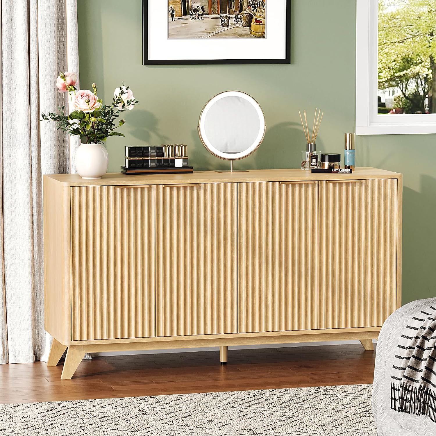 VINGLI 55' Buffet Cabinet with Storage, Fluted 4 Doors Sideboard Cabinet with Adjustable Shelves, Modern Storage Cabinet with Doors for Kitchen, Dining Room & Living Room, Natural Oak