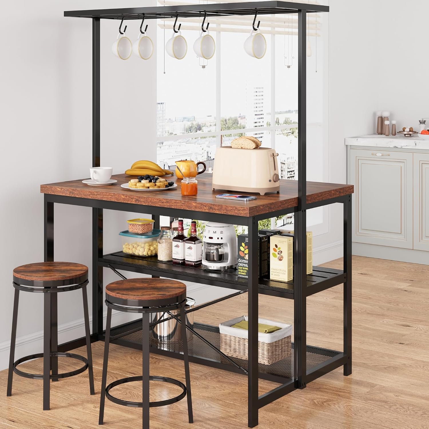 CABIHOME 42' Kitchen Island with Storage & Seating - 3-Tier Bakers Rack, Microwave Stand, Dining Table for 4, 5 Hooks & 50lb Capacity, Multi-Functional Island for Small Kitchens (Brown)