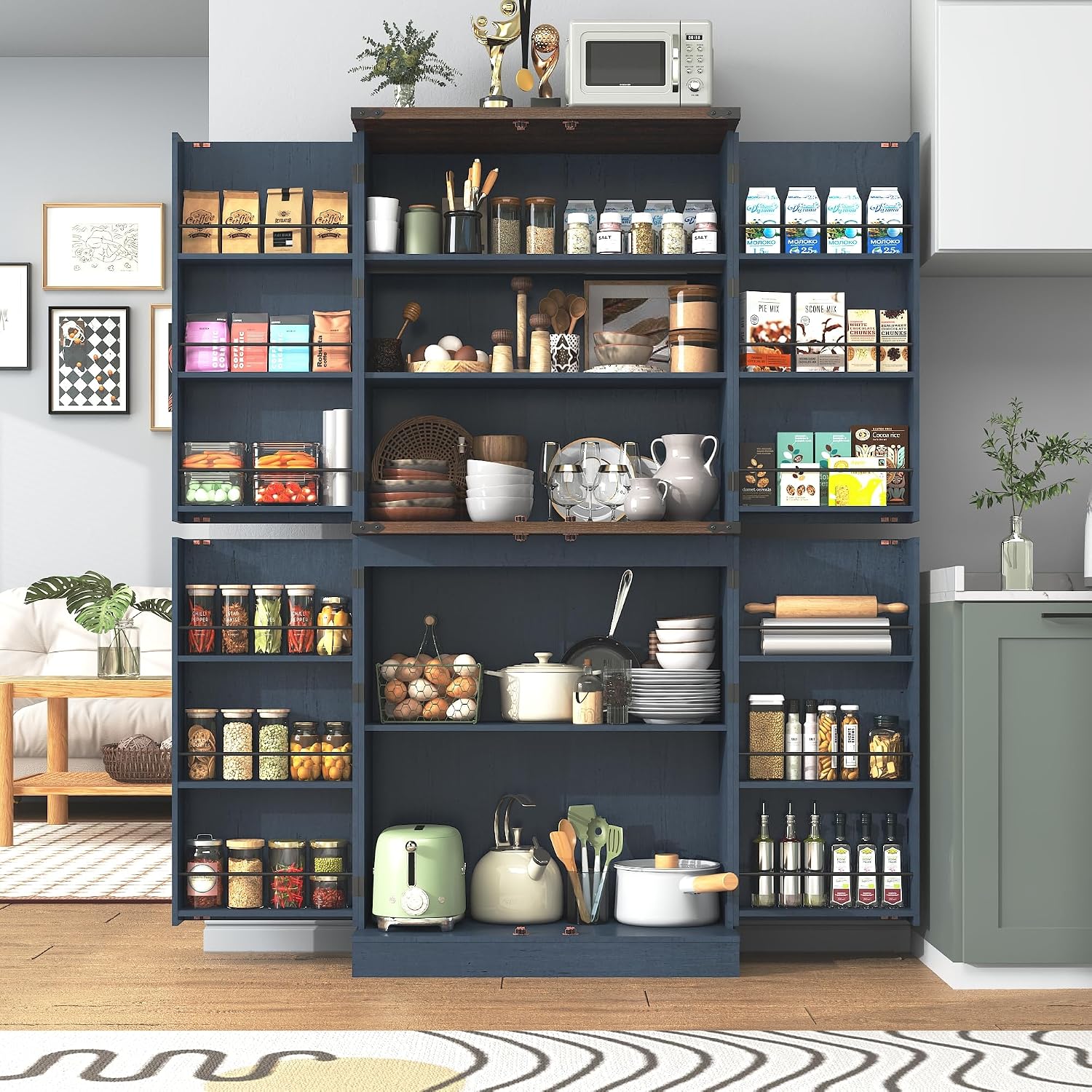 71' Tall Kitchen Pantry Cabinet, Farmhouse Tall Kitchen Storage Cabinet with Adjustable Shelves & 4 Barn Style Doors, Wooden Storage Cabinet for Kitchen, Dining Room, Living Room, Bathroom, Office