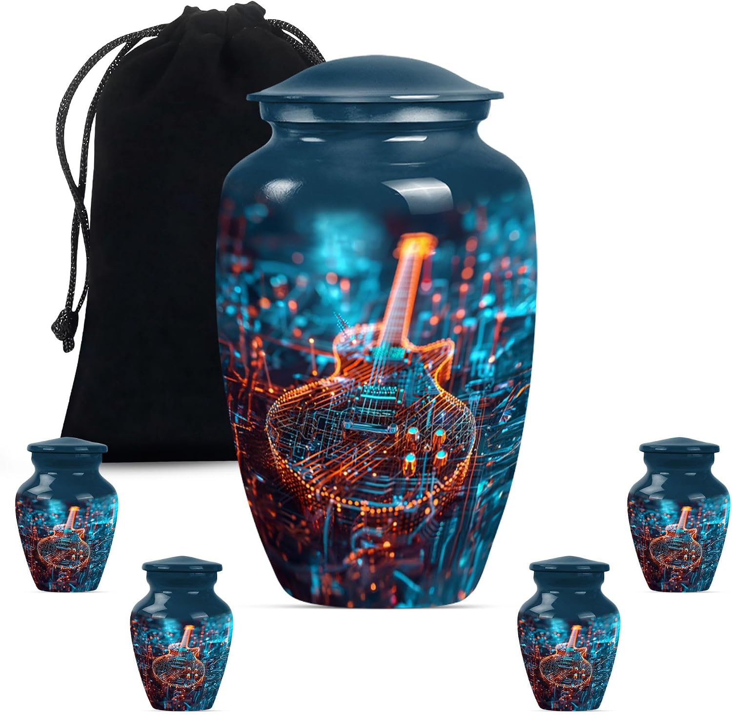 Guitar Urn - Memorial Urns - Cremation Urns -Metal Urns - Combo of 1 Large Urn with Velvet Bag and 4 Small - Urns for Human Ashes Small Keepsake & Large - Urns for Men & Women