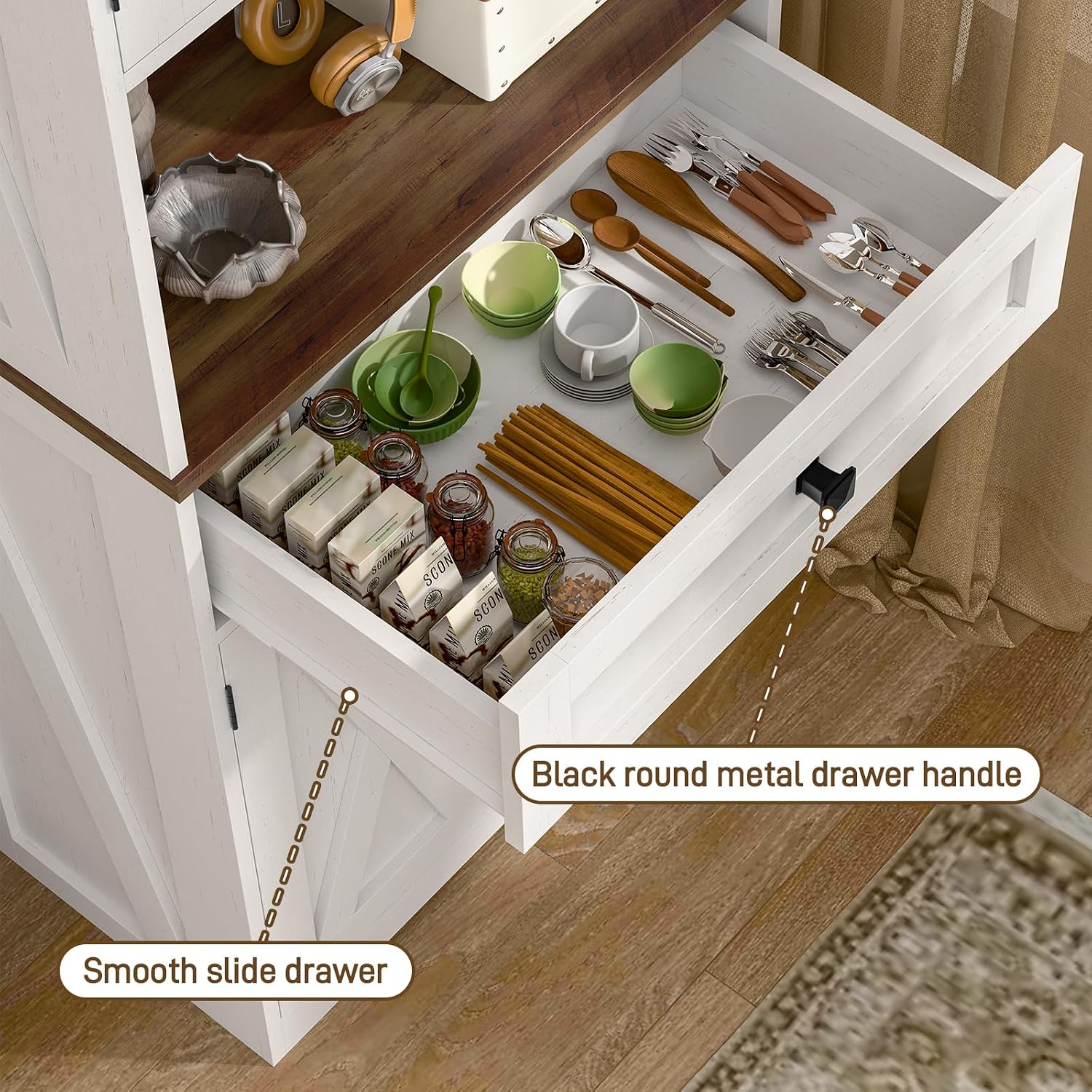 Halitaa Tall Kitchen Pantry Storage Cabinet, Farmhouse Storage with Organizer, Large Capacity Bathroom Cabinet with Drawer,Freestanding Cupboard for Kitchen, Dining Room, White