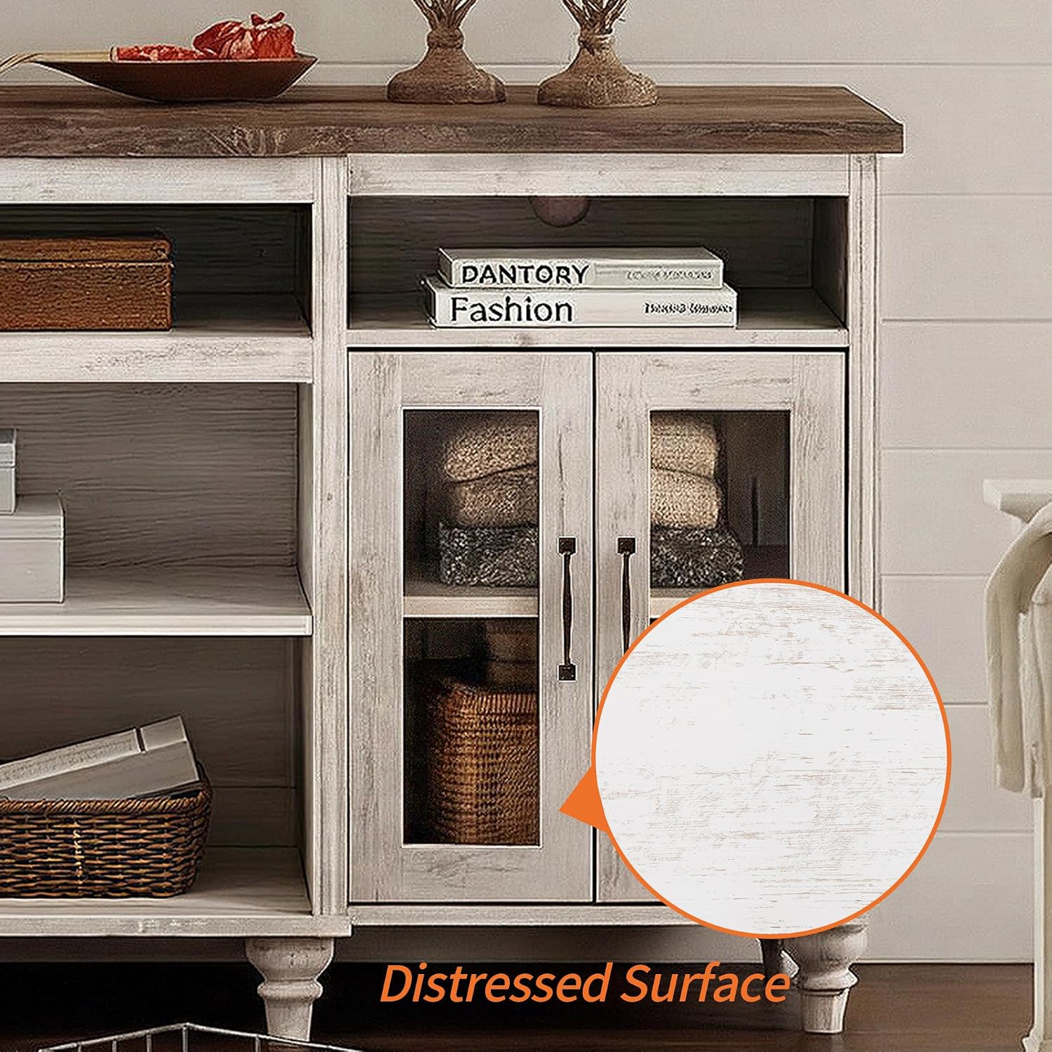 WAMAPT Buffet Cabinet with 4 Glass Doors, Large Coffee Bar Tables Wood Kitchen Storage Cabinets with 9 Storages, Modern Farmhouse Sideboard Credenza, Rustic White, 70 inch