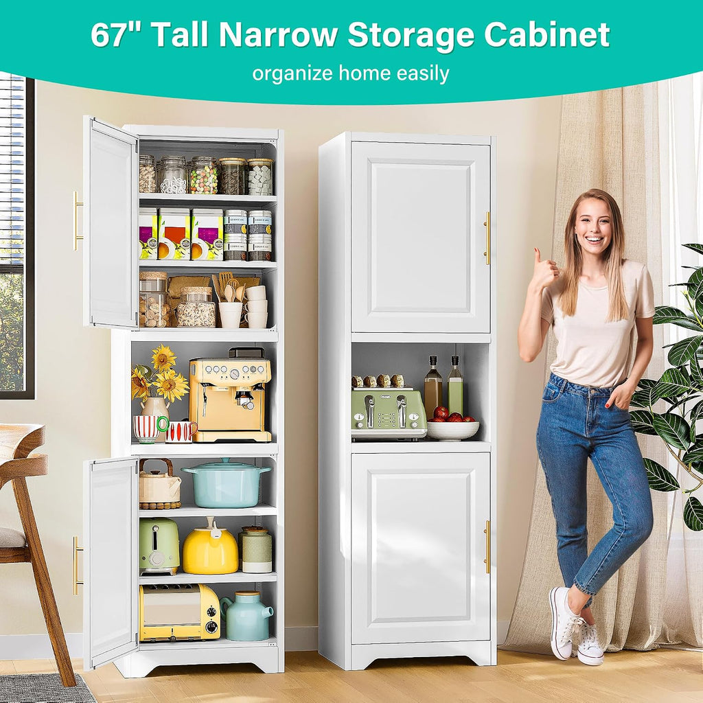 SISESOL 67' Tall Narrow Storage Cabinet with 2 Door and 7 Shelves,Slim Kitchen Pantry Cabinet,White Metal Bathroom Cabinets,Large Cupboard for Home,Kitchen,Laundry,Bathroom