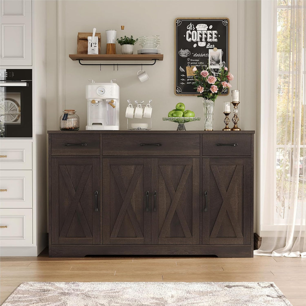 HOSTACK Buffet Cabinet with Drawers, 55' Large Sideboard Buffet Storage Cabinet with Shelves and Doors, Modern Farmhouse Coffee Bar Station Wood Kitchen Table for Kitchen, Dining Room, Dark Brown