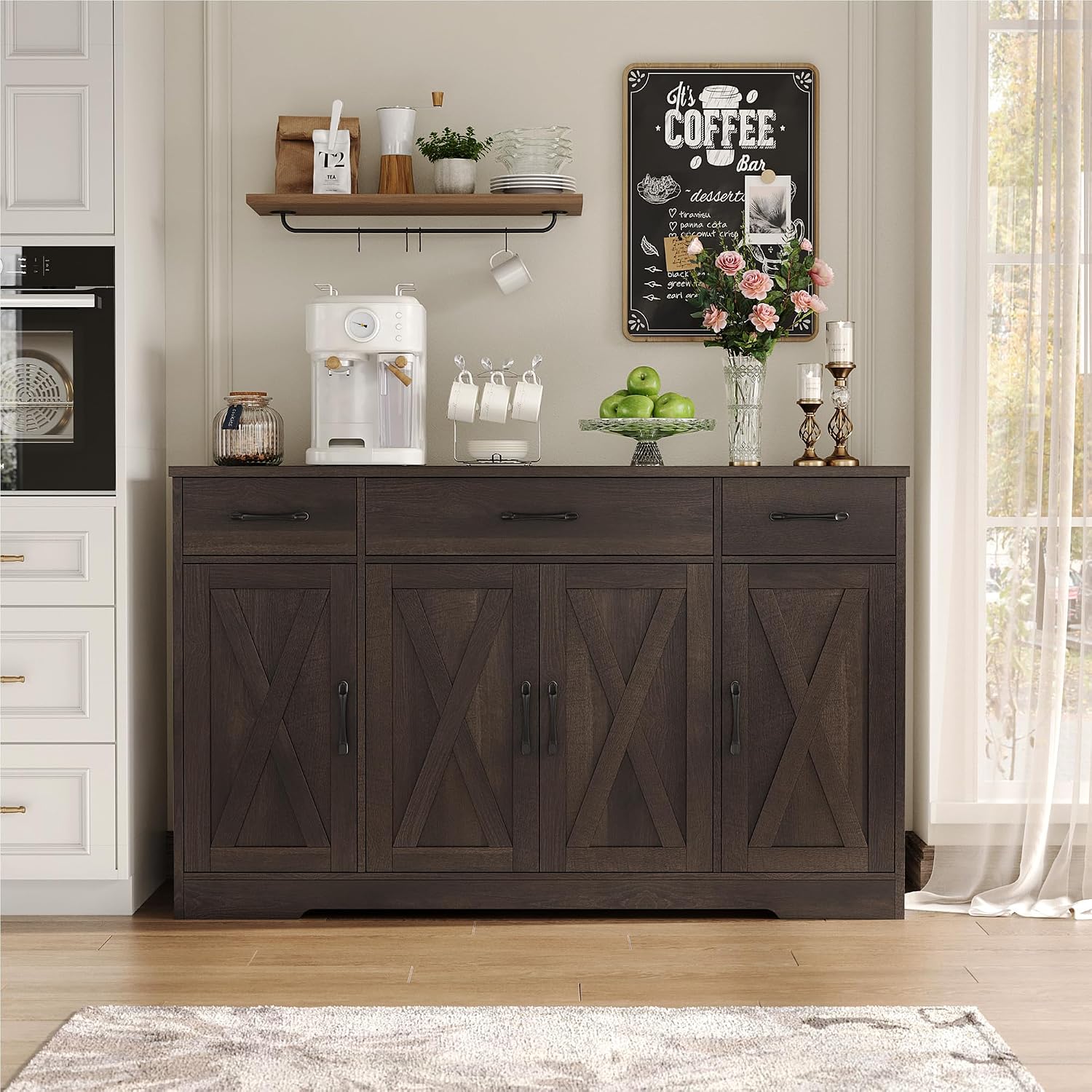 HOSTACK Buffet Cabinet with Drawers, 55' Large Sideboard Buffet Storage Cabinet with Shelves and Doors, Modern Farmhouse Coffee Bar Station Wood Kitchen Table for Kitchen, Dining Room, Dark Brown