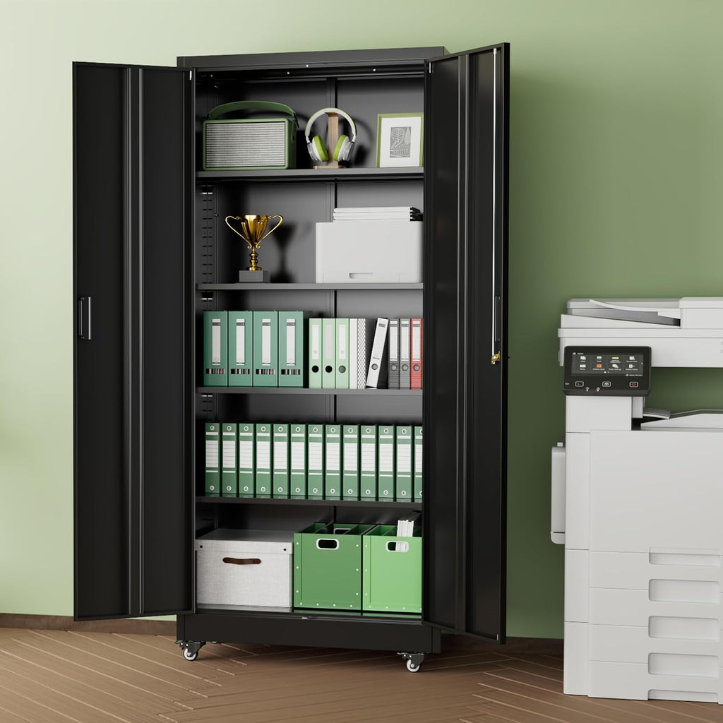 INTERGREAT 73' H Metal Storage Cabinet with Wheels, Locking Doors and Adjustable Shelves, Black Rolling Steel Tool Cabinet for Home Office, Garage, Warehouse