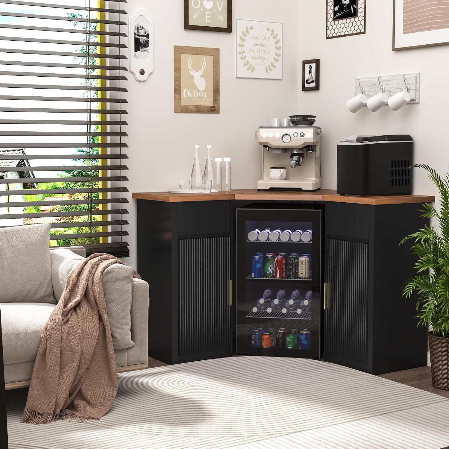 GDLF Corner Bar Cabinet with Fridge Space, Corner Coffee Bar Station with Storage, L Shaped Liquor Wine Cabinet for Home