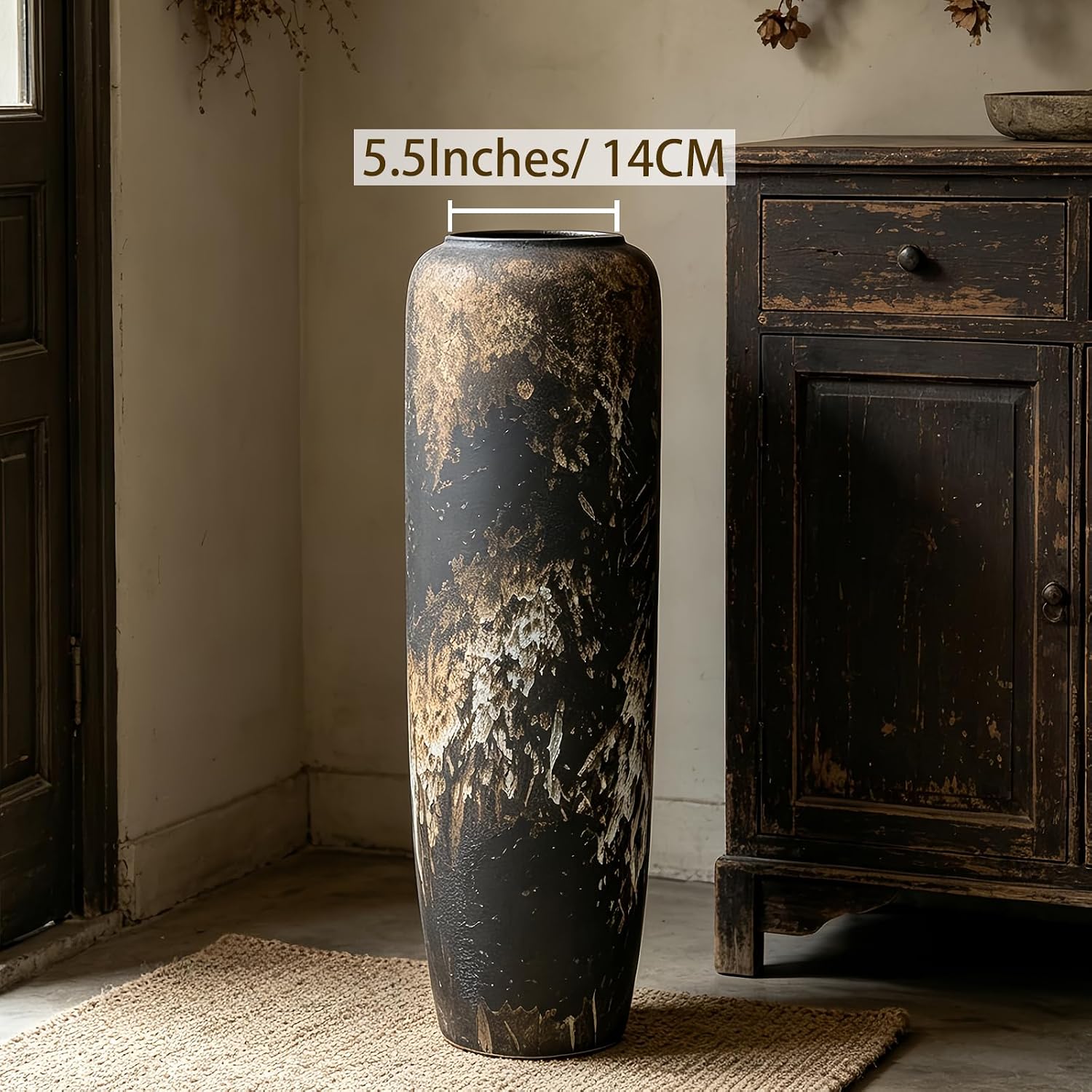Black Rustic Ceramic Tall Floor Vase, 23.6 Inch Vintage Large Farmhouse Vase Pottery Clay Terracotta Rustic Vases for Home Decor Living Room Entryway Table Centerpieces,Kitchen,Housewarming Gifts