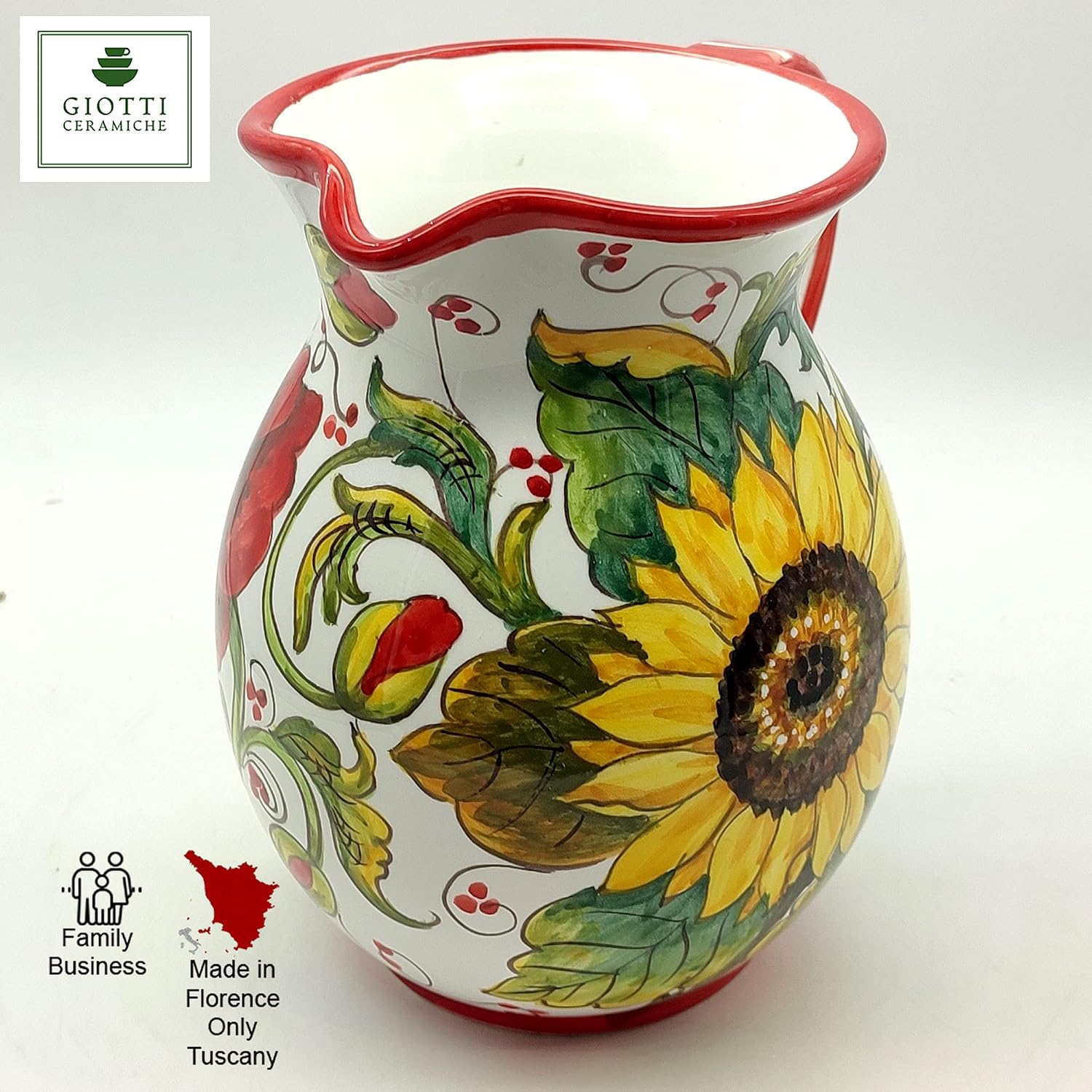 Italian Ceramic Pitcher Poppies Sanflower - 33 oz Hand Painted Utensil Holder Or Carafe Design for Kitchen - Made in ITALY Tuscany - Italian Pottery Vase Jar for Wine - Home Decor Ceramics