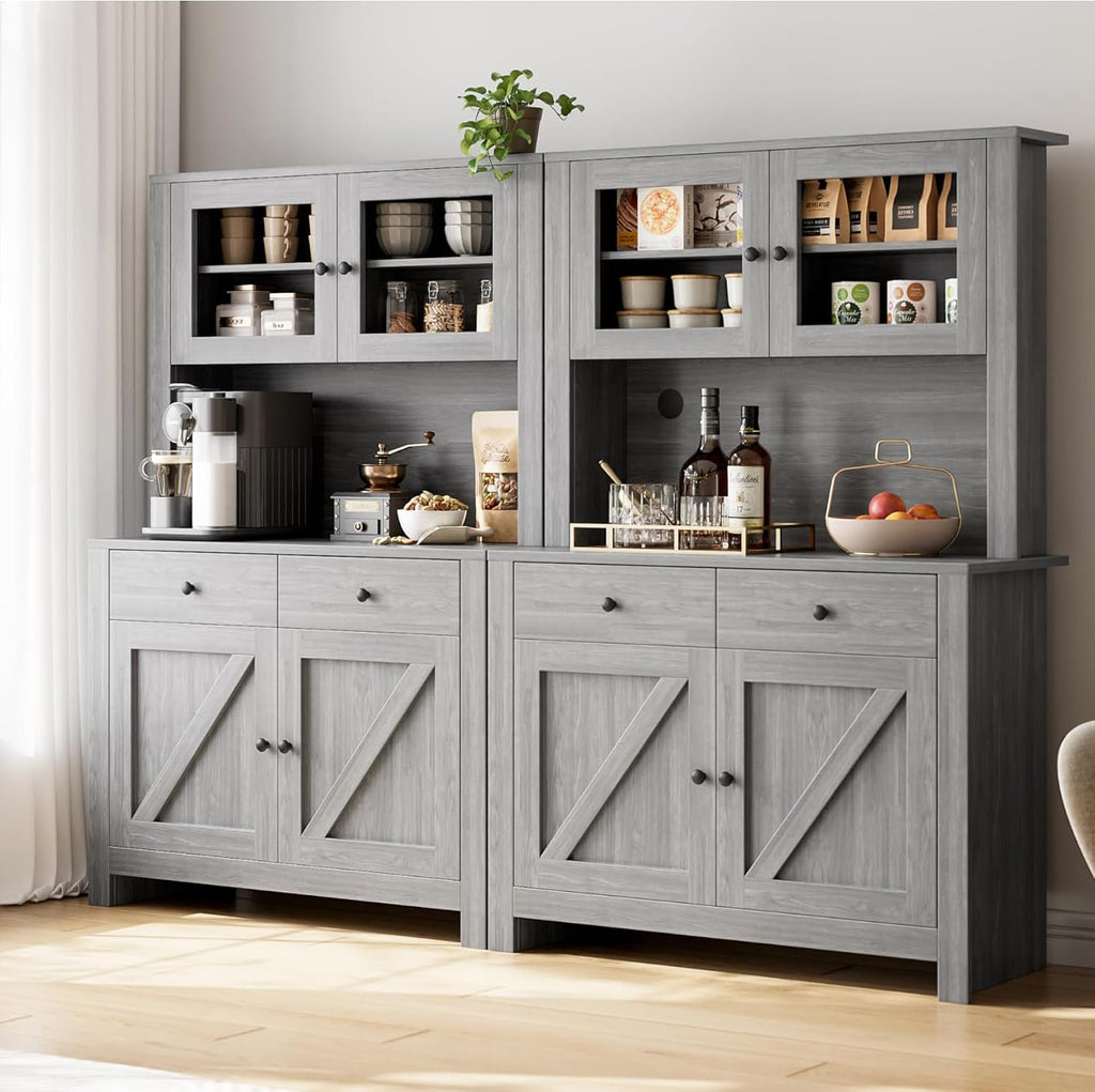IDEALHOUSE 63' Kitchen Pantry Cabinet with Drawers, Hutch Cabinet with Storage, Microwave Stand, Adjustable Shelves, Freestanding Tall Pantry Storage for Dining Room, Living Room, Grey