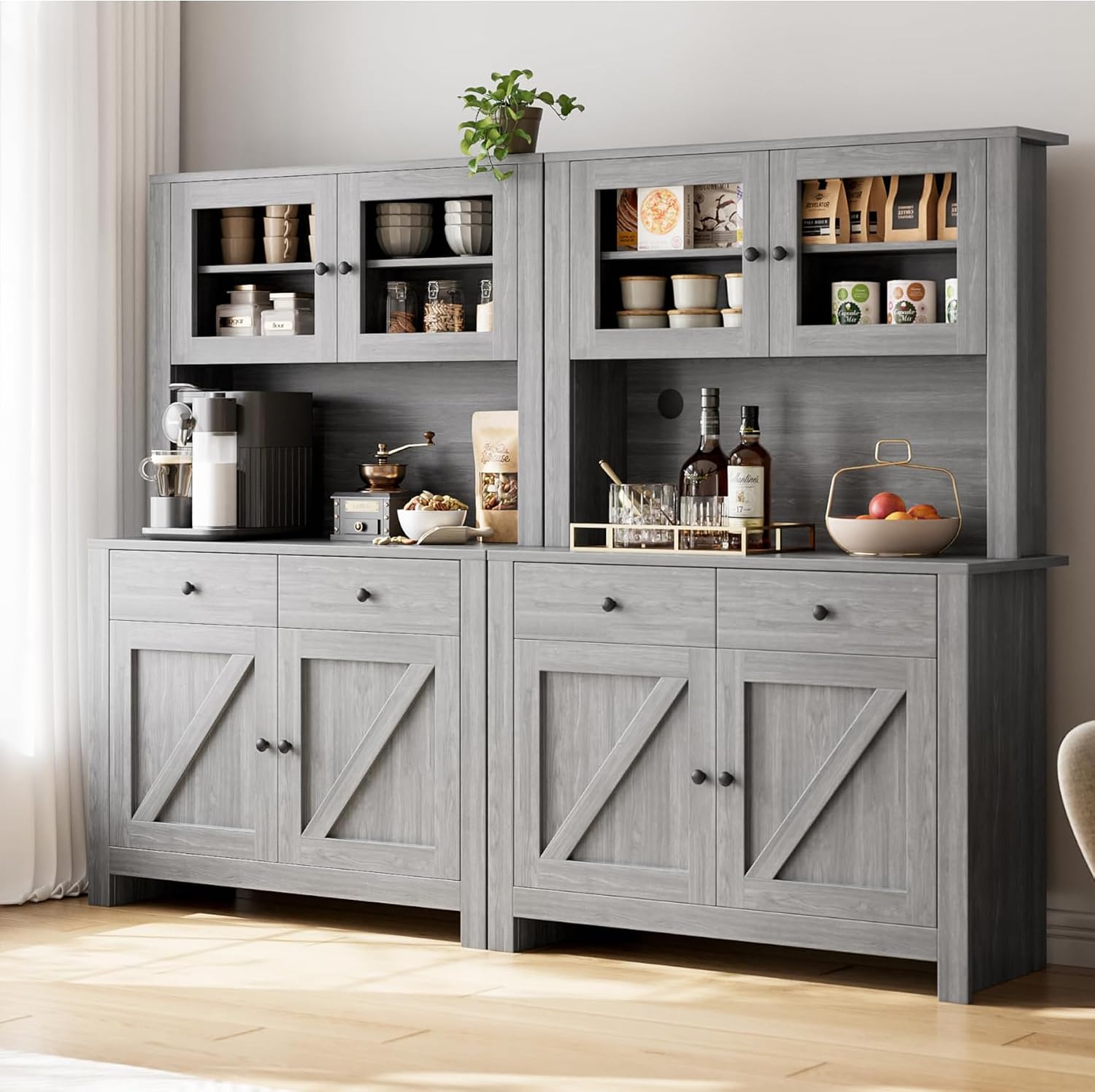 IDEALHOUSE 63' Kitchen Pantry Cabinet with Drawers, Hutch Cabinet with Storage, Microwave Stand, Adjustable Shelves, Freestanding Tall Pantry Storage for Dining Room, Living Room, Grey