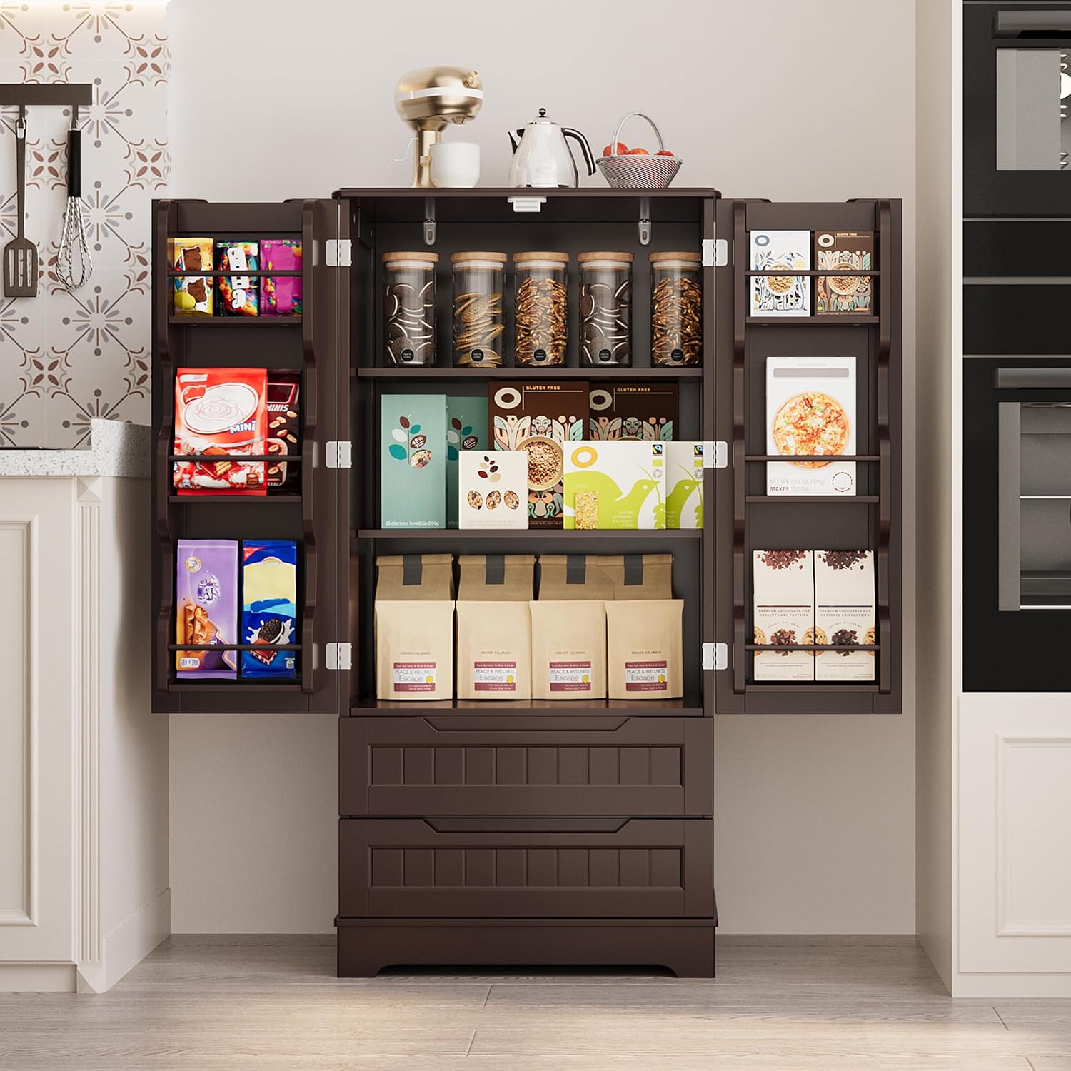 Gizoon Kitchen Pantry Cabinet with Drawers, 47' Small Food Pantry Storage Cabinet with 6 Door Shelves for Snack and Spice, Freestanding Craft Storage Cabinet for Craft Room, Dark Brown, Painted