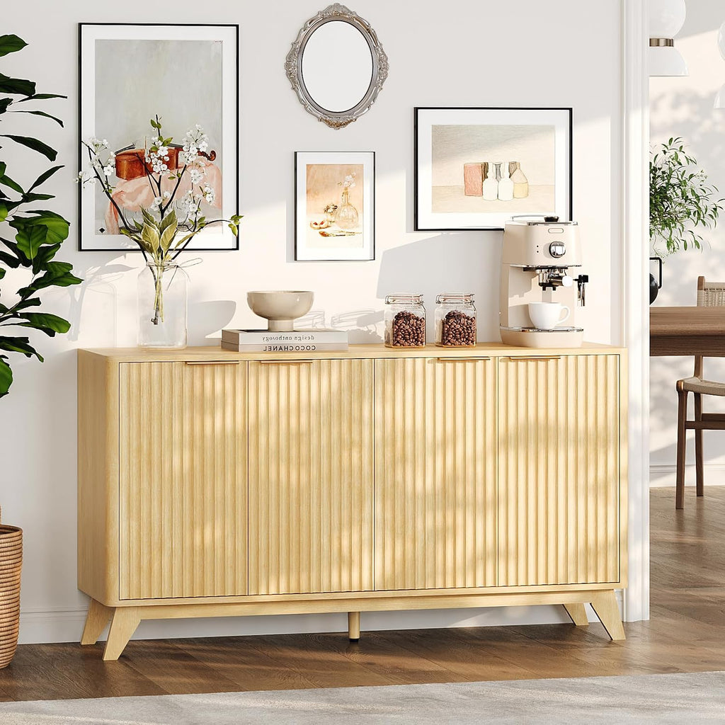 VINGLI 55' Buffet Cabinet with Storage, Fluted 4 Doors Sideboard Cabinet with Adjustable Shelves, Modern Storage Cabinet with Doors for Kitchen, Dining Room & Living Room, Natural Oak