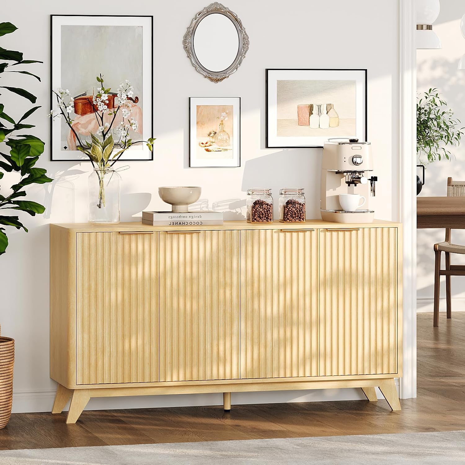 VINGLI 55' Buffet Cabinet with Storage, Fluted 4 Doors Sideboard Cabinet with Adjustable Shelves, Modern Storage Cabinet with Doors for Kitchen, Dining Room & Living Room, Natural Oak