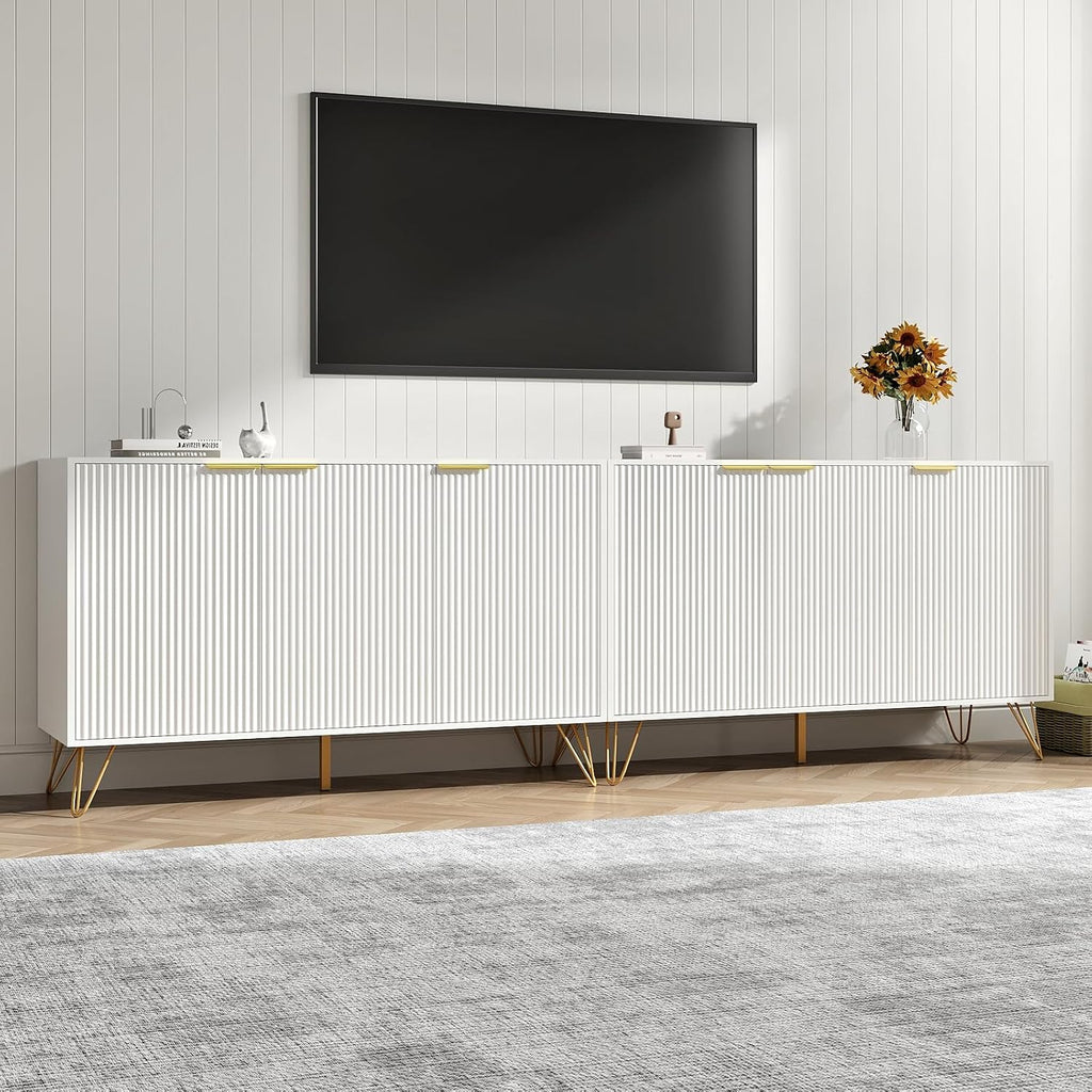 Buffet Cabinet with Storage Set of 2, Storage Cabinet with 3 Doors, Sideboard Coffee Bar Cabinets with Metal Legs and Adjustable Shelf for Kitchen, Dining Room, Living Room, White