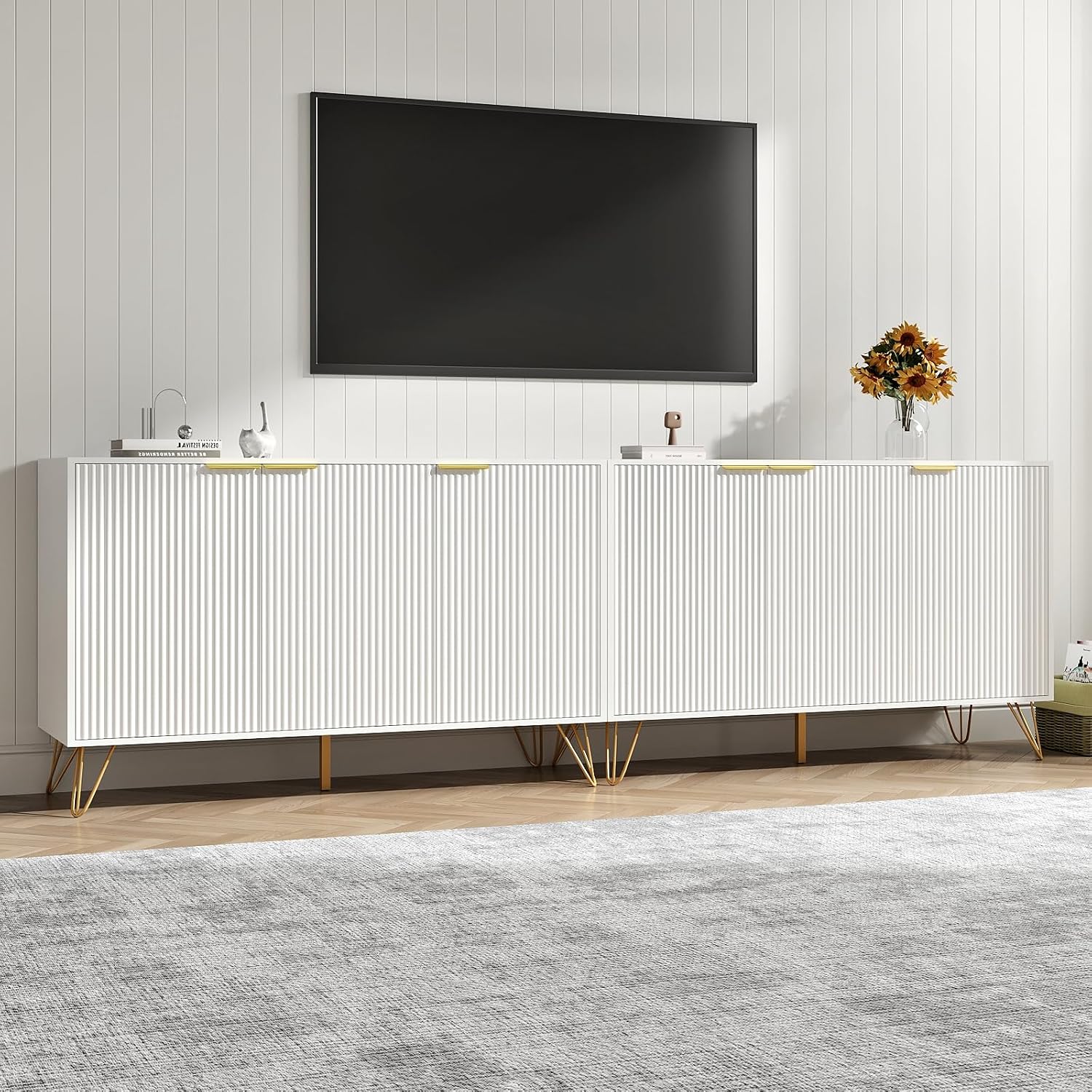 Buffet Cabinet with Storage Set of 2, Storage Cabinet with 3 Doors, Sideboard Coffee Bar Cabinets with Metal Legs and Adjustable Shelf for Kitchen, Dining Room, Living Room, White