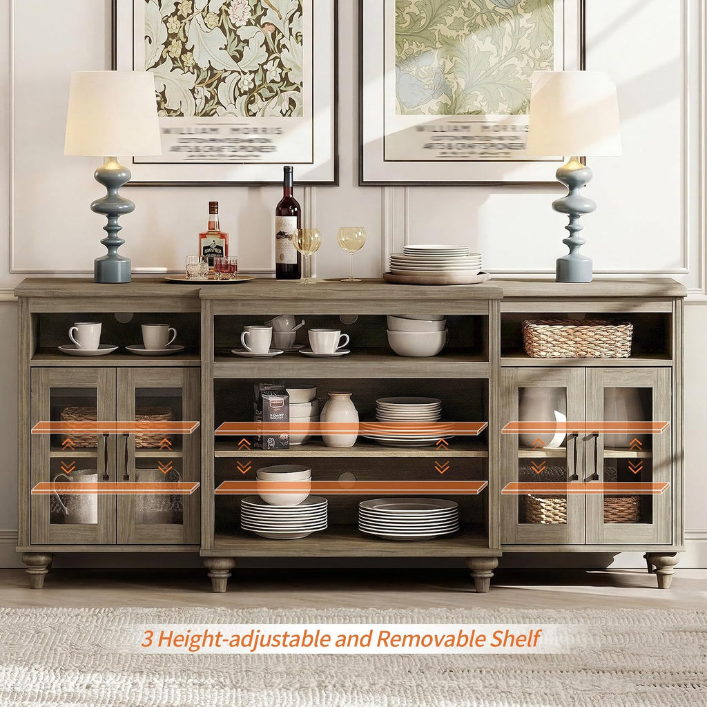 WAMAPT Buffet Cabinet with 4 Glass Doors, Large Coffee Bar Tables Wood Kitchen Storage Cabinets with 9 Storages, Modern Farmhouse Sideboard Credenza, Wash Gray, 70 inch