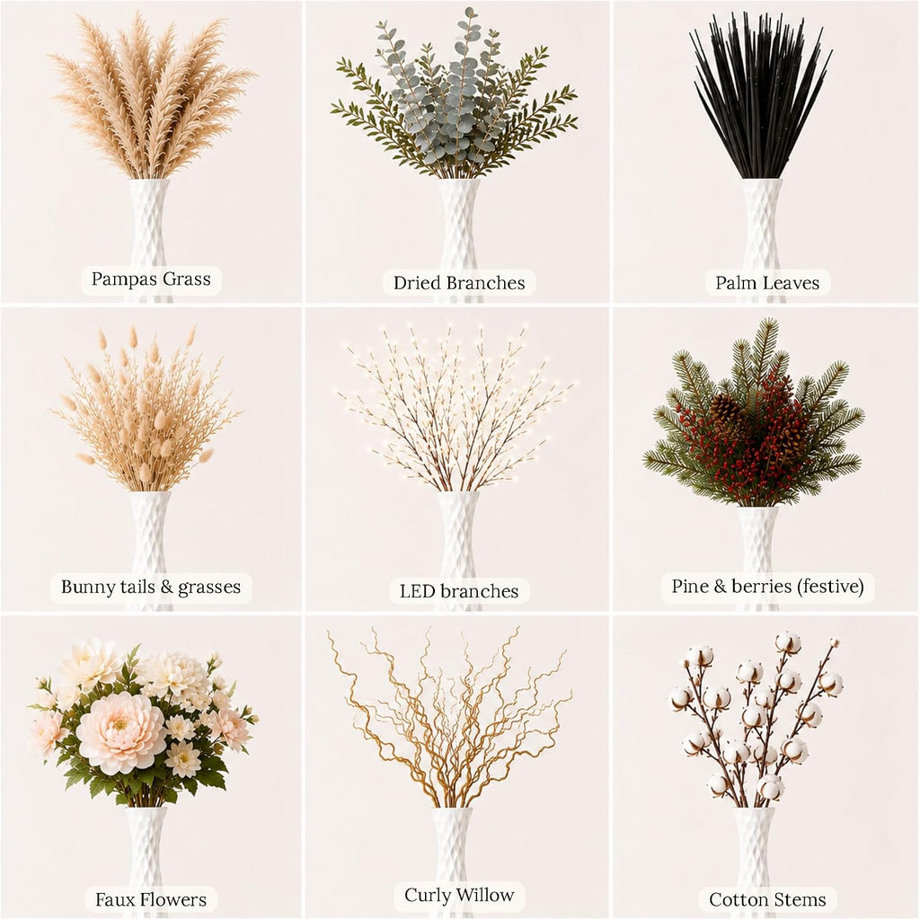 Leewadee Large White Home Decor Floor Vase - Wooden 34 inch Tall Farmhouse Decor Flower Holder for Fake Plant and Pampas Grass
