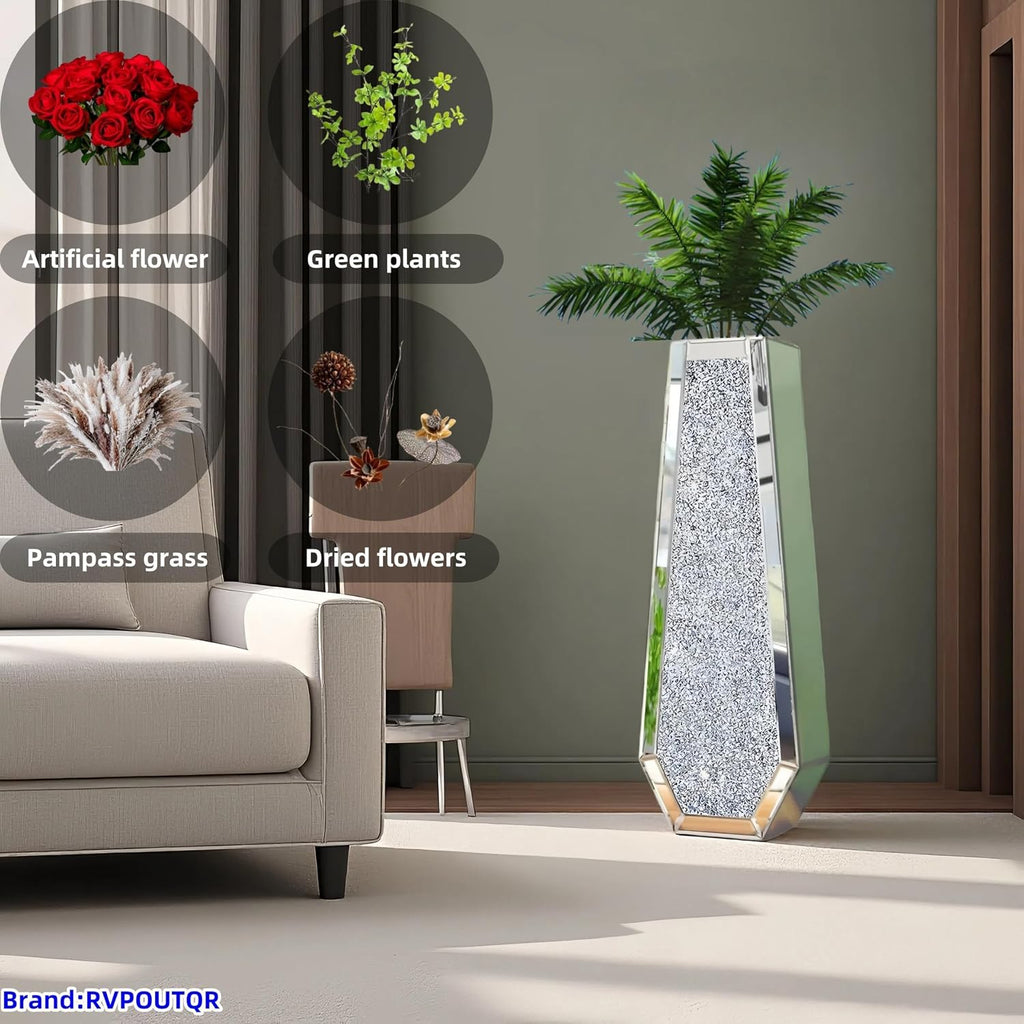 30' Large Double Sided Crushed Diamond Floor Vases,Tall Silver Mirrored Crystal Vase for Floor, Floor Vases Decorative Tall for Home,Office,Hotel (Silver,10.6' L x 5.3' W x 30' H)