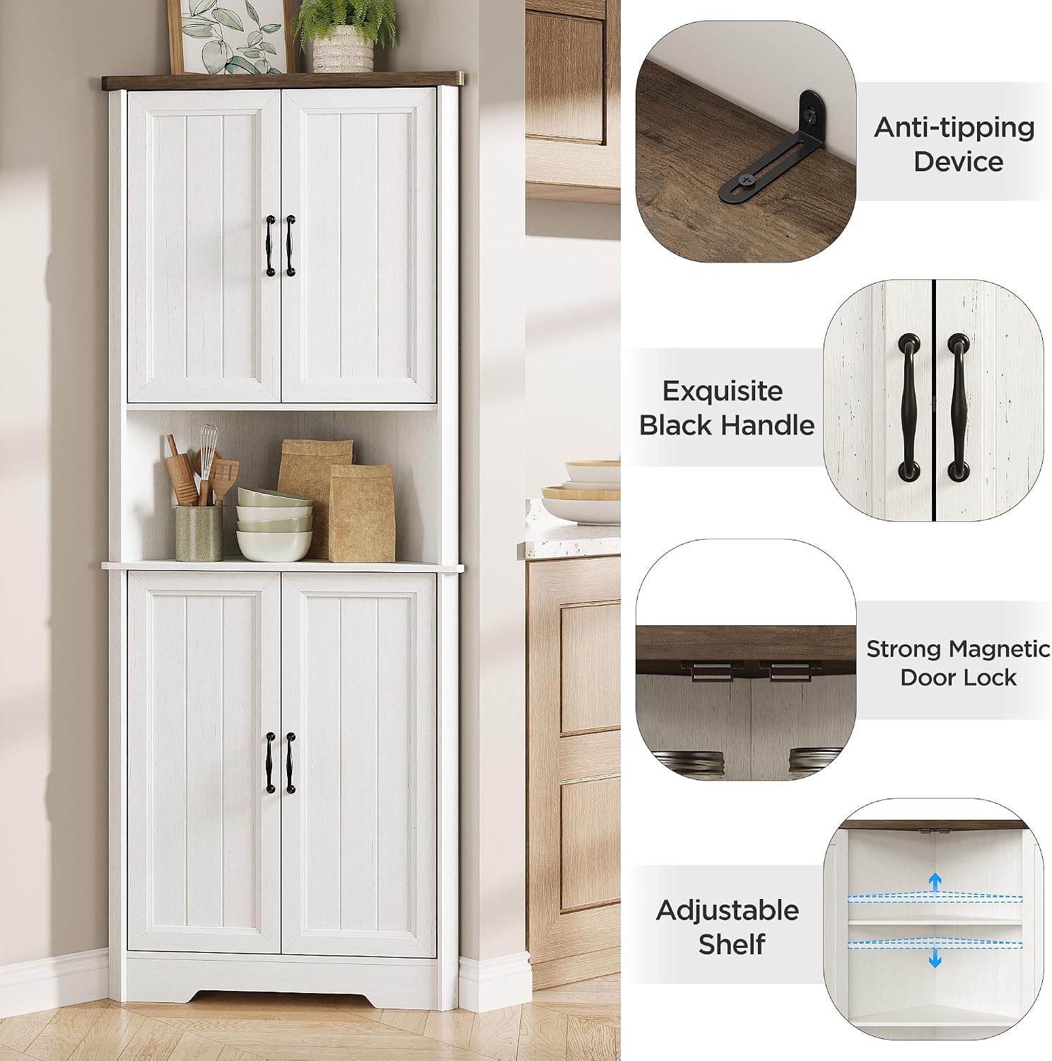 Vabches Tall Corner Cabinet, Corner Bathroom Cabinet, 67' Farmhouse Storage Cabinet with 4 Doors and Adjustable Shelves, Home Space Saver for Bathroom, Kitchen, Living Room, Pantry, Distressed White